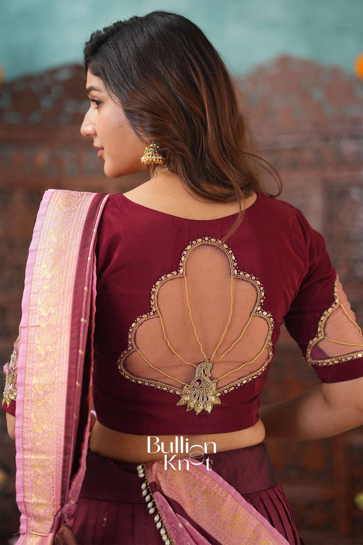 Kanakvali | Kalamkari Lehenga Set in Maroon and Peach Colors