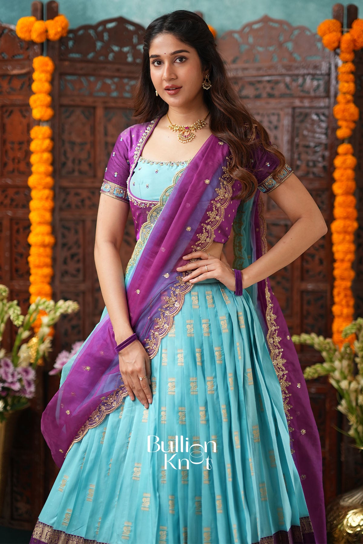 Dhaitri Sky Blue Gadwal Lehenga Set