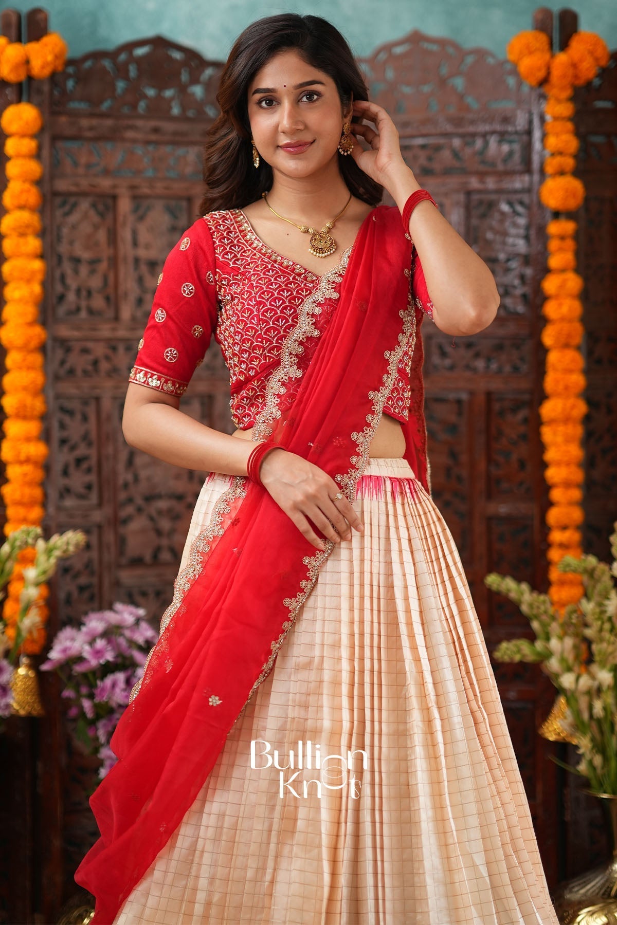 Red Checks Lehenga Set with Embroidery