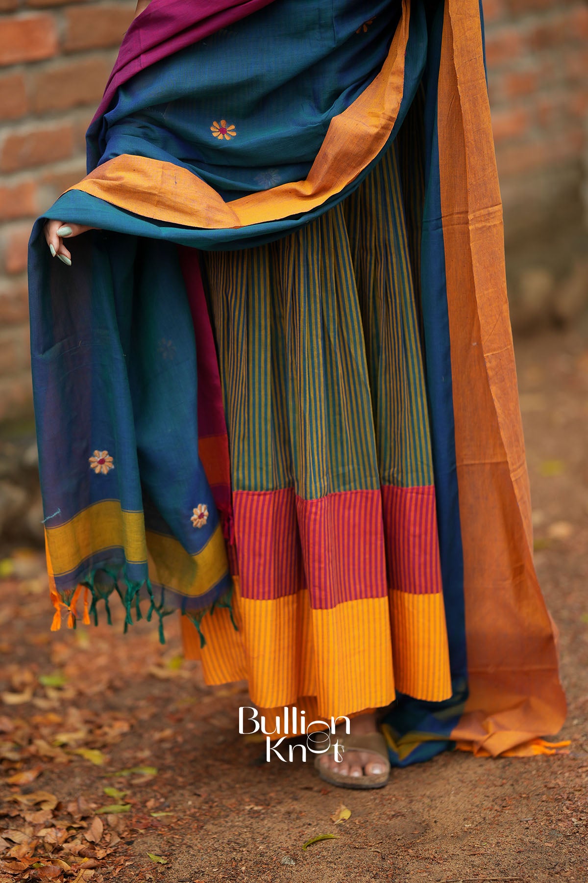 Virasat Teal Green Strip Handloom Kurta Set