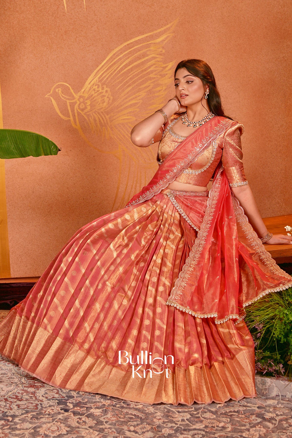 Mohini Tissue Zari Coral red Lehenga Set