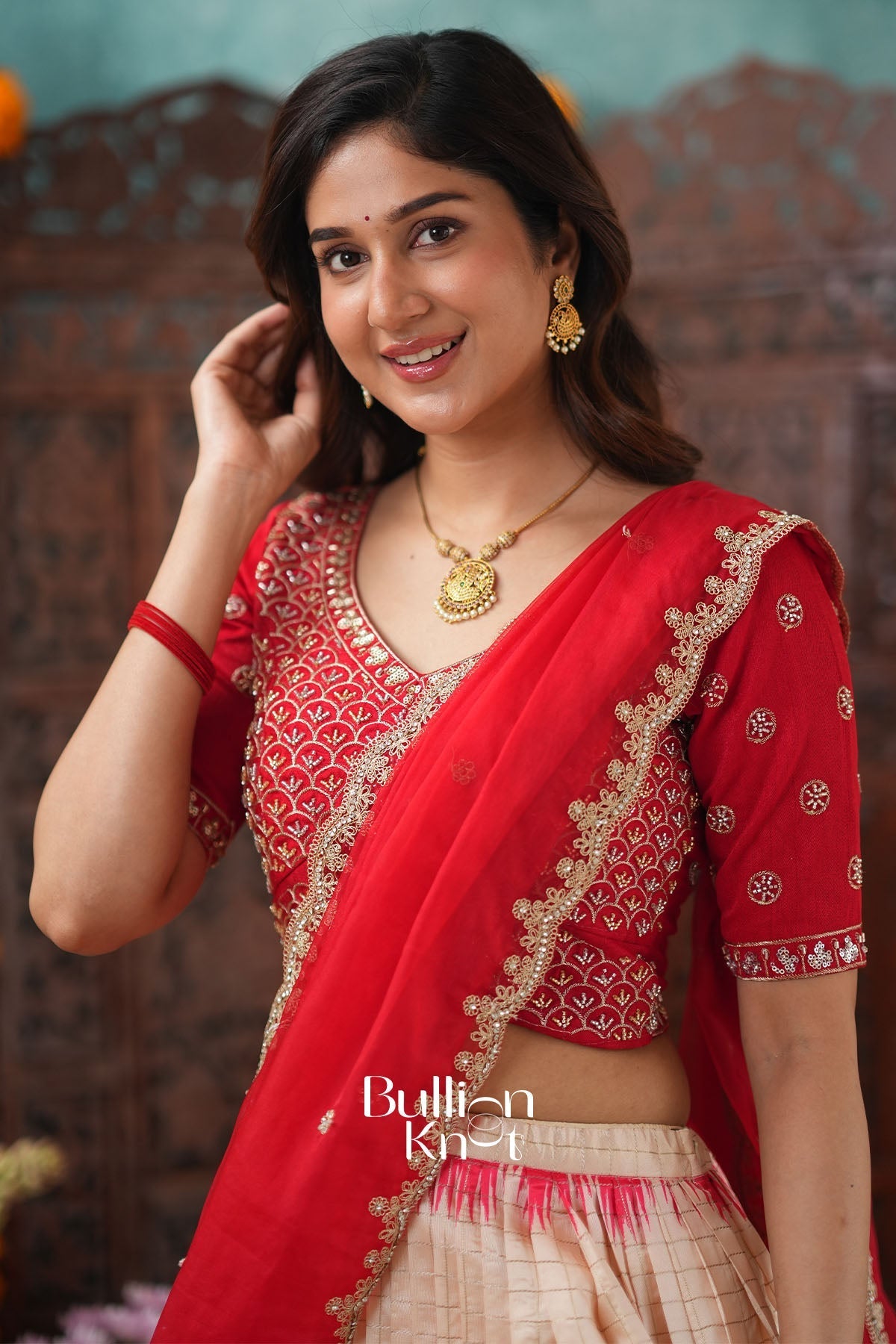 Prasanna Red Checks Pattu Lehenga Set
