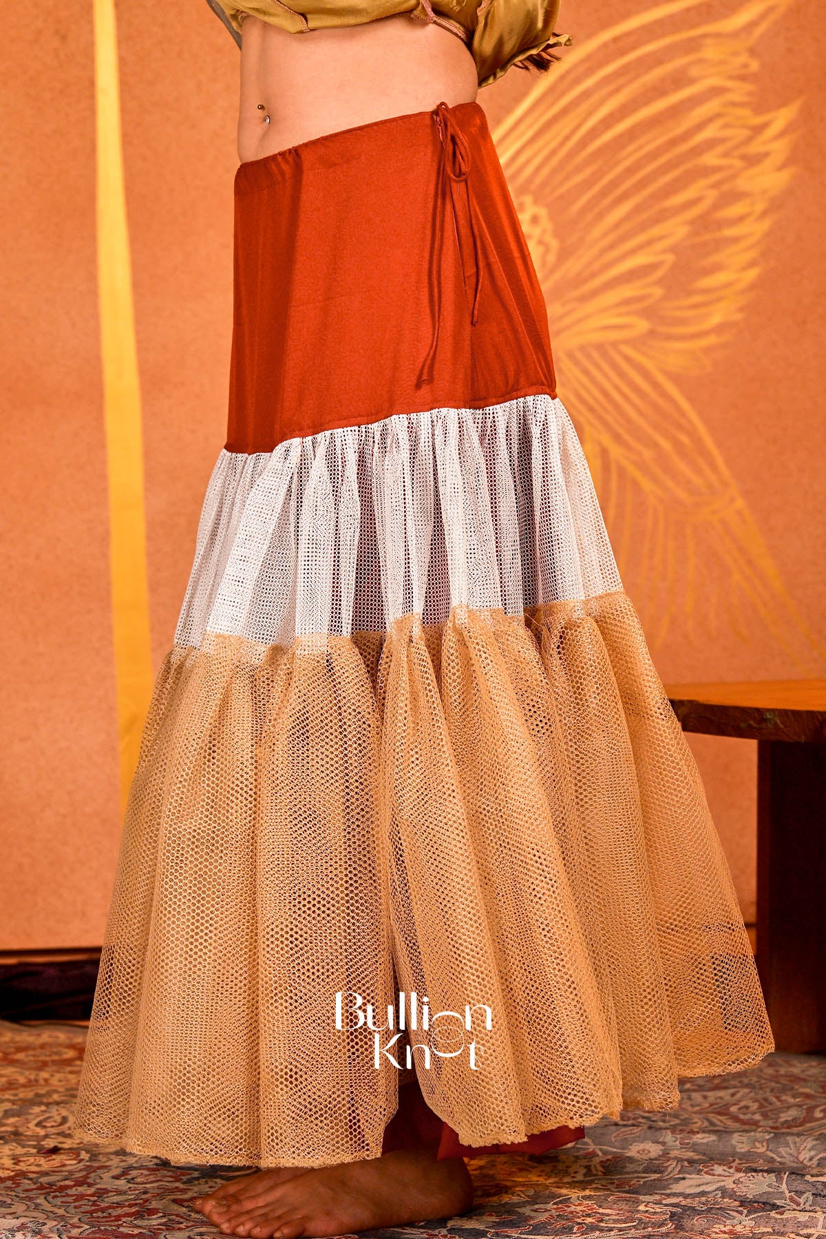 Rust-colored Can Can Skirt for Lehenga with layered mesh fabric, festive wear