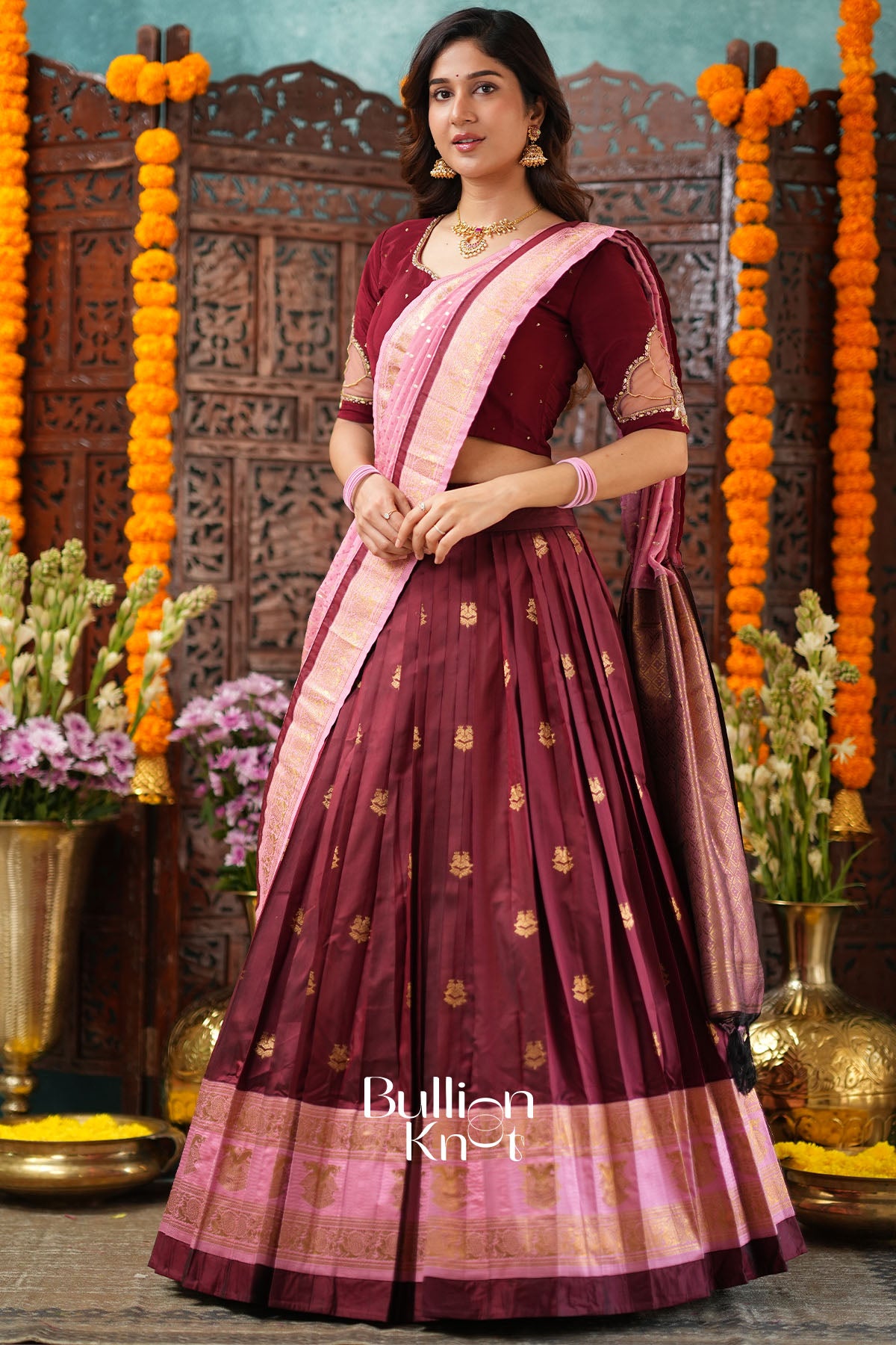 Kanakvalli Banarasi Natural Crep Maroon Lehenga Set