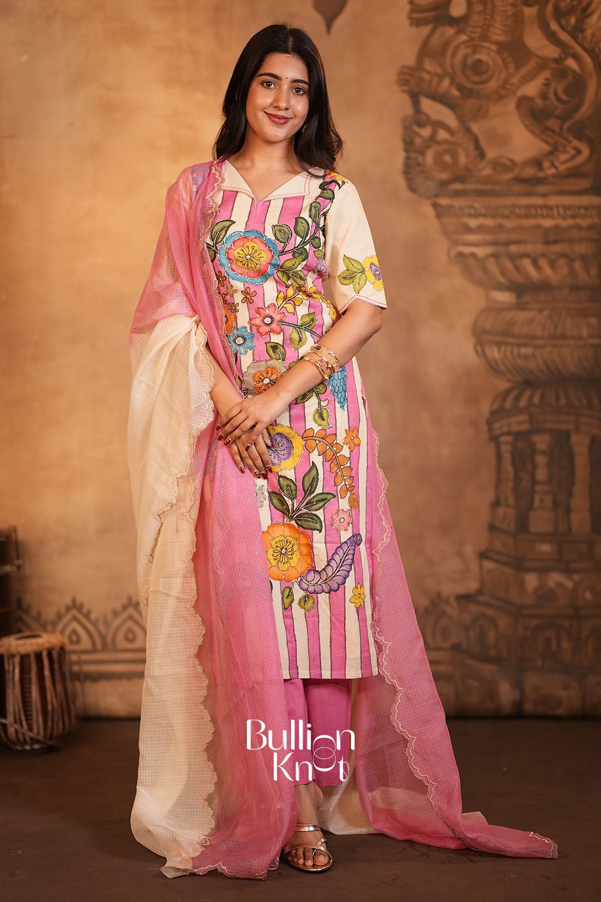 Vastrakalam Kalamkari Handwork Pink Kurta Set