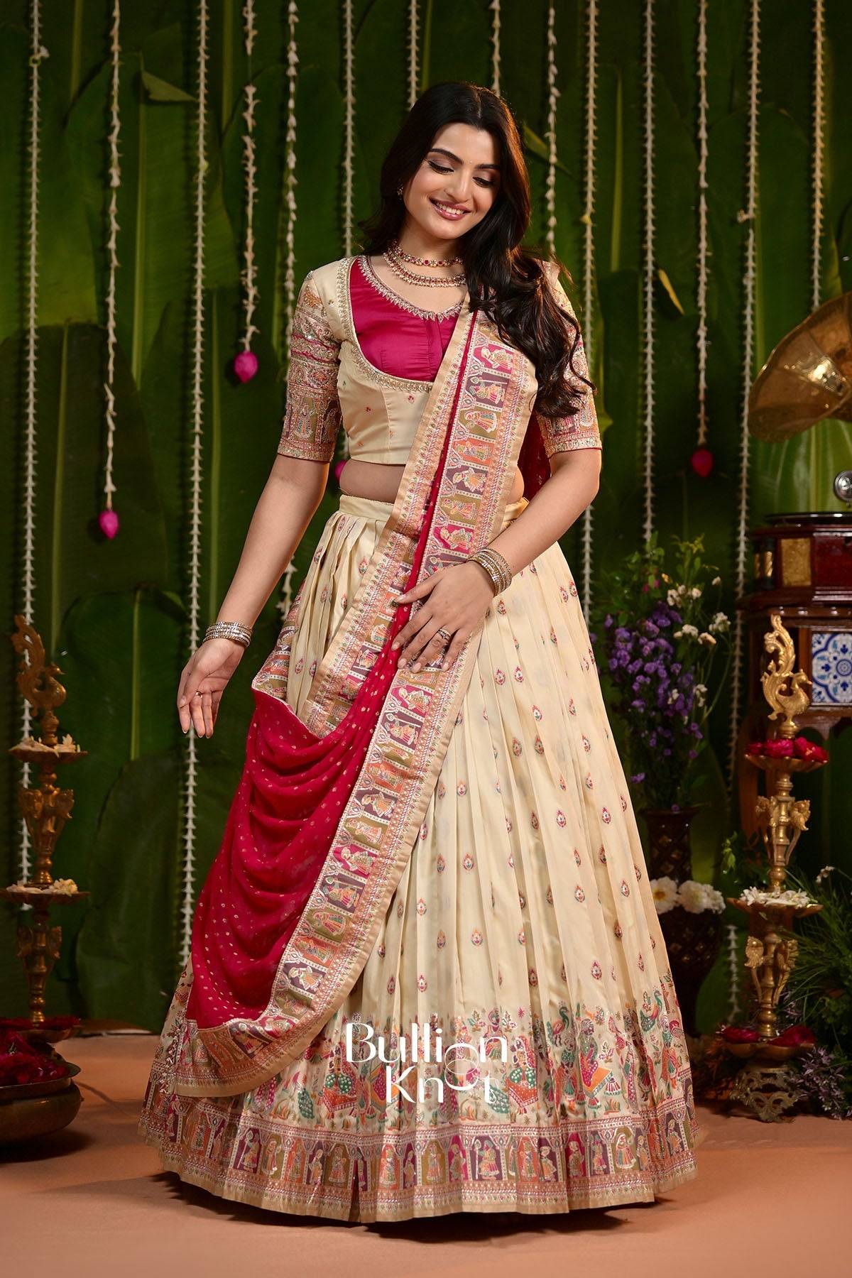 Elegant cream and pink embroidered lehenga with dupatta for traditional Indian wear