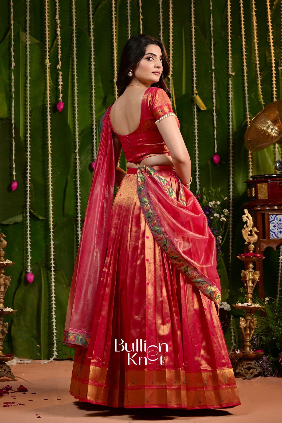 Rajwadi Paithani Vermilion Red Silk Lehenga set with Jacket