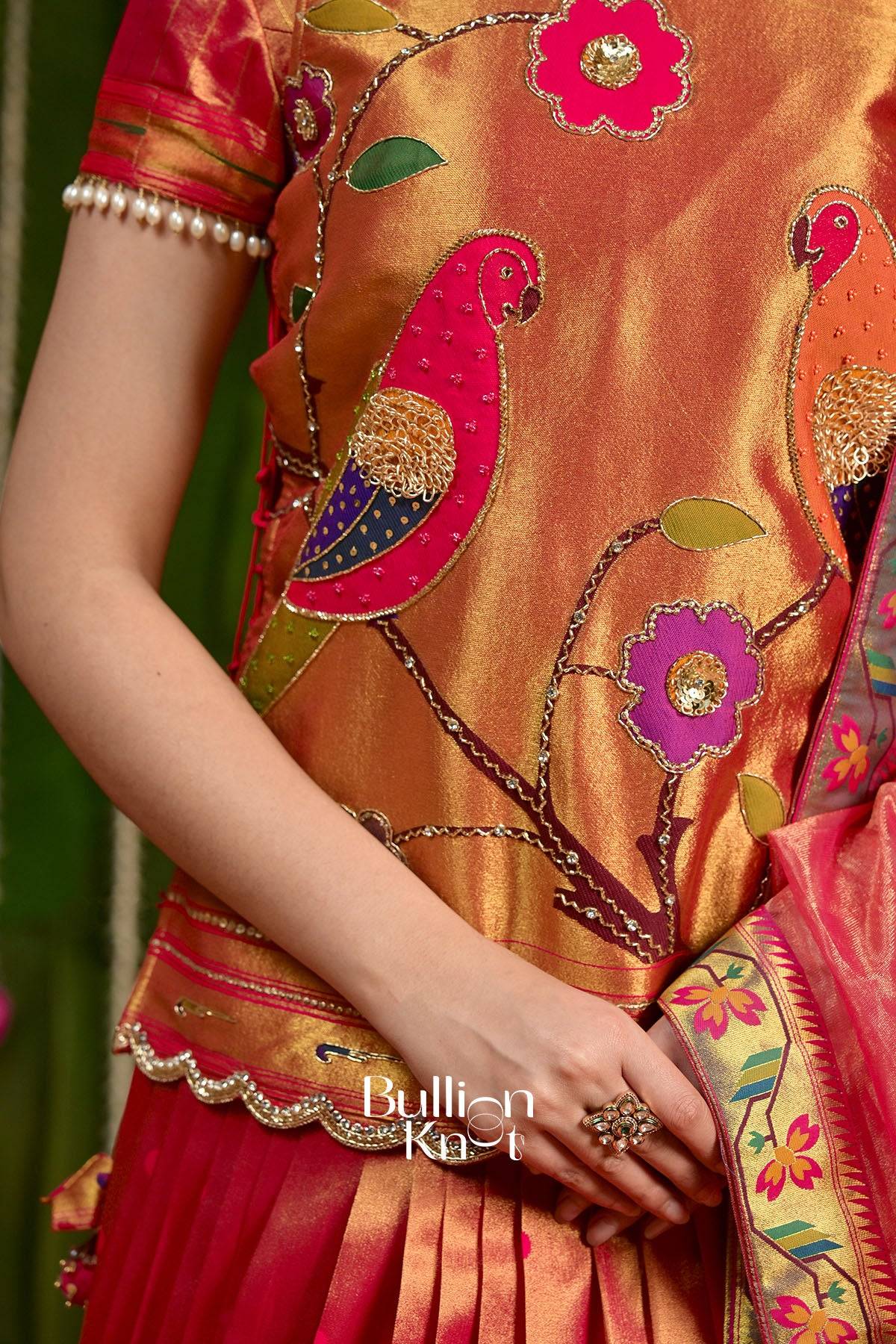 Close-up of detailed embroidery on Rajwadi Paithani Silk Lehenga blouse