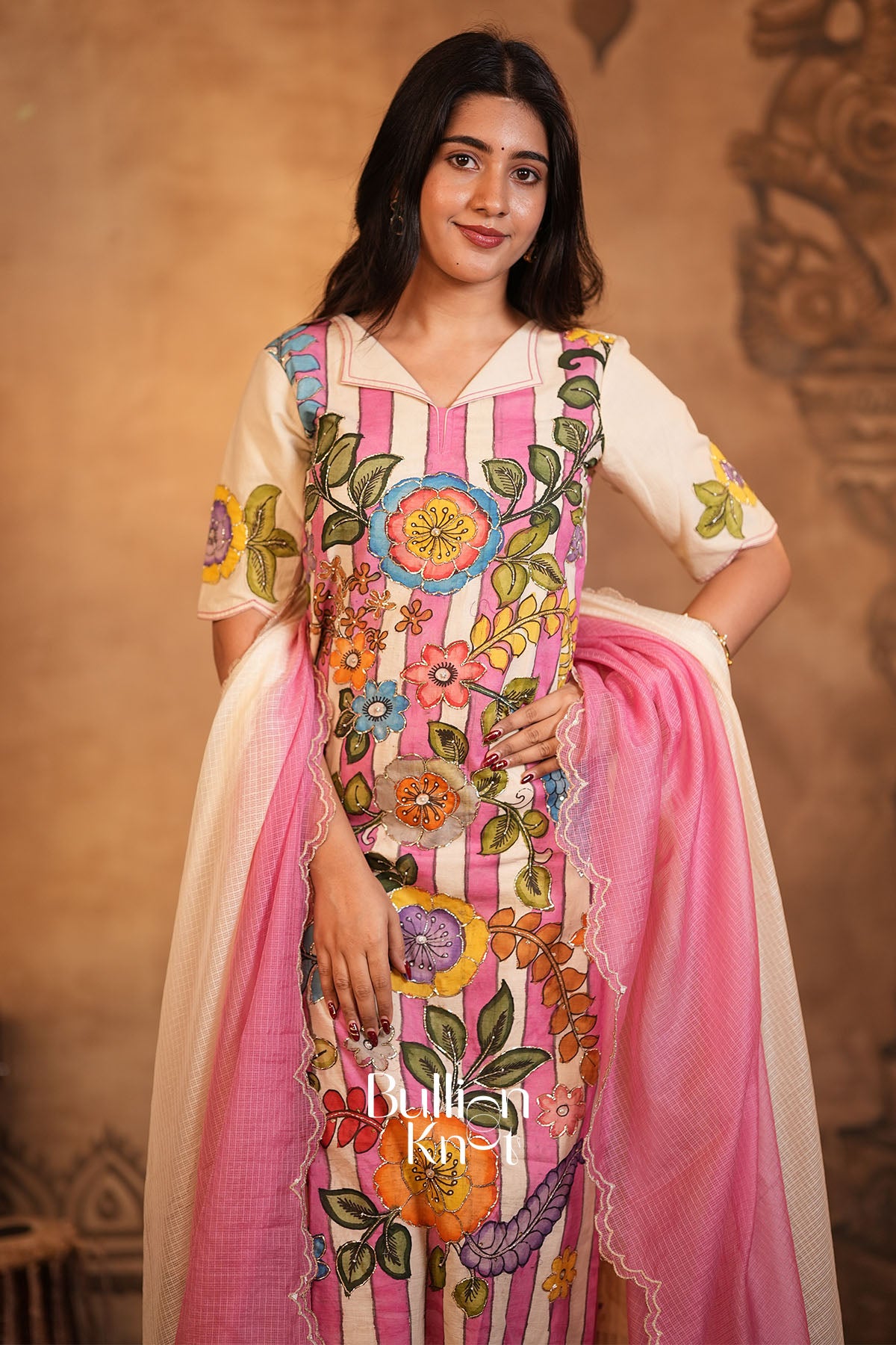 Vastrakalam Kalamkari Handwork Pink Kurta Set