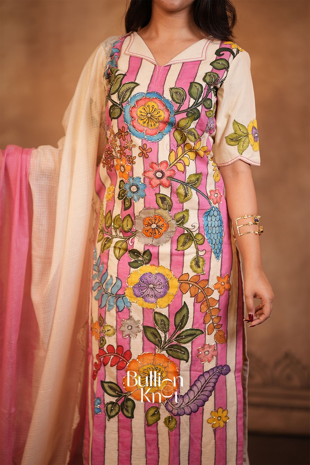 Vastrakalam Kalamkari Handwork Pink Kurta Set