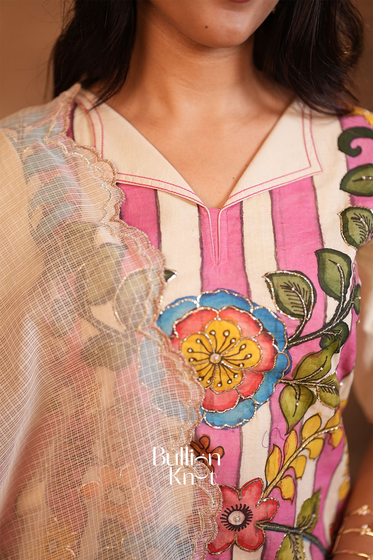 Vastrakalam Kalamkari Handwork Pink Kurta Set