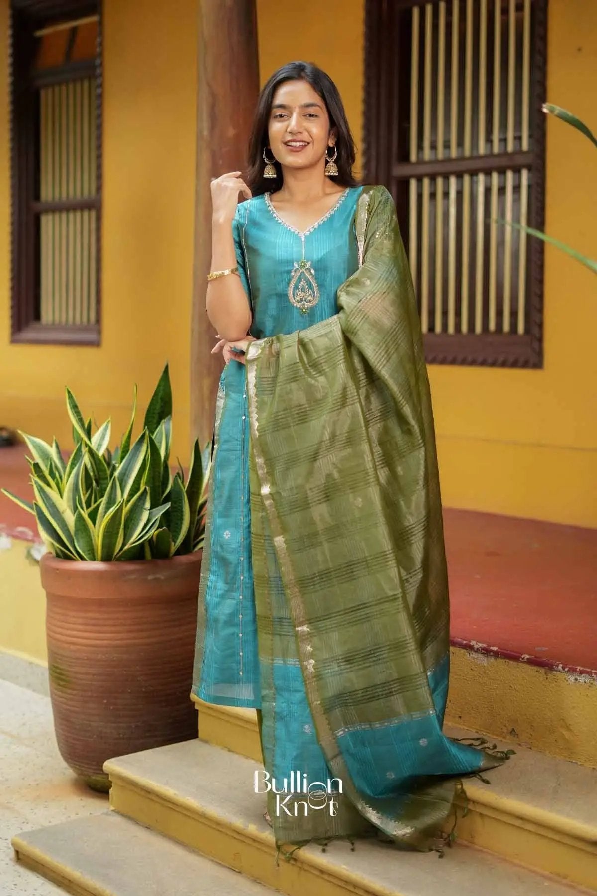 Avantika | Pure Mangalagiri Peacock Blue Kurta Suit Set for Traditional Occasions