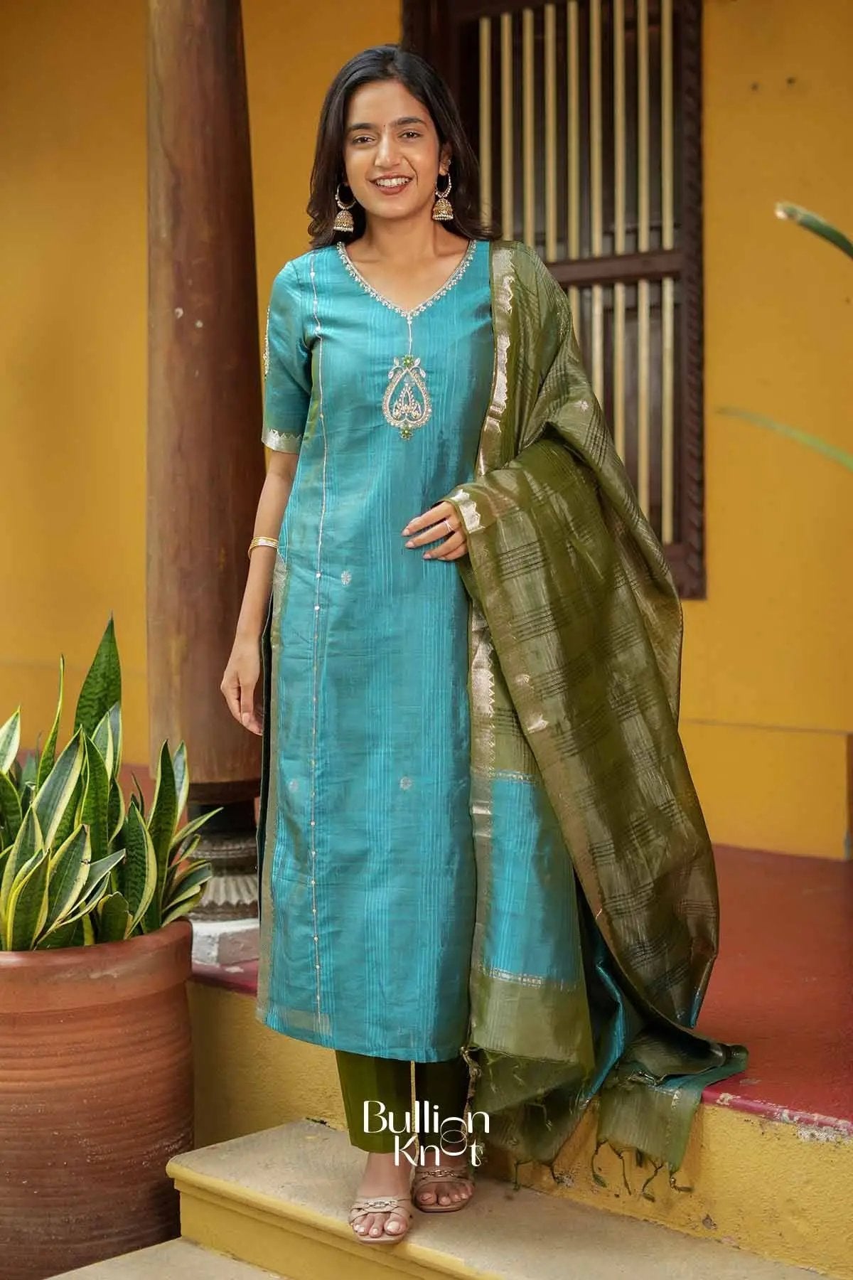 Avantika | Pure Mangalagiri Peacock Blue Kurta Suit Set for Traditional Occasions