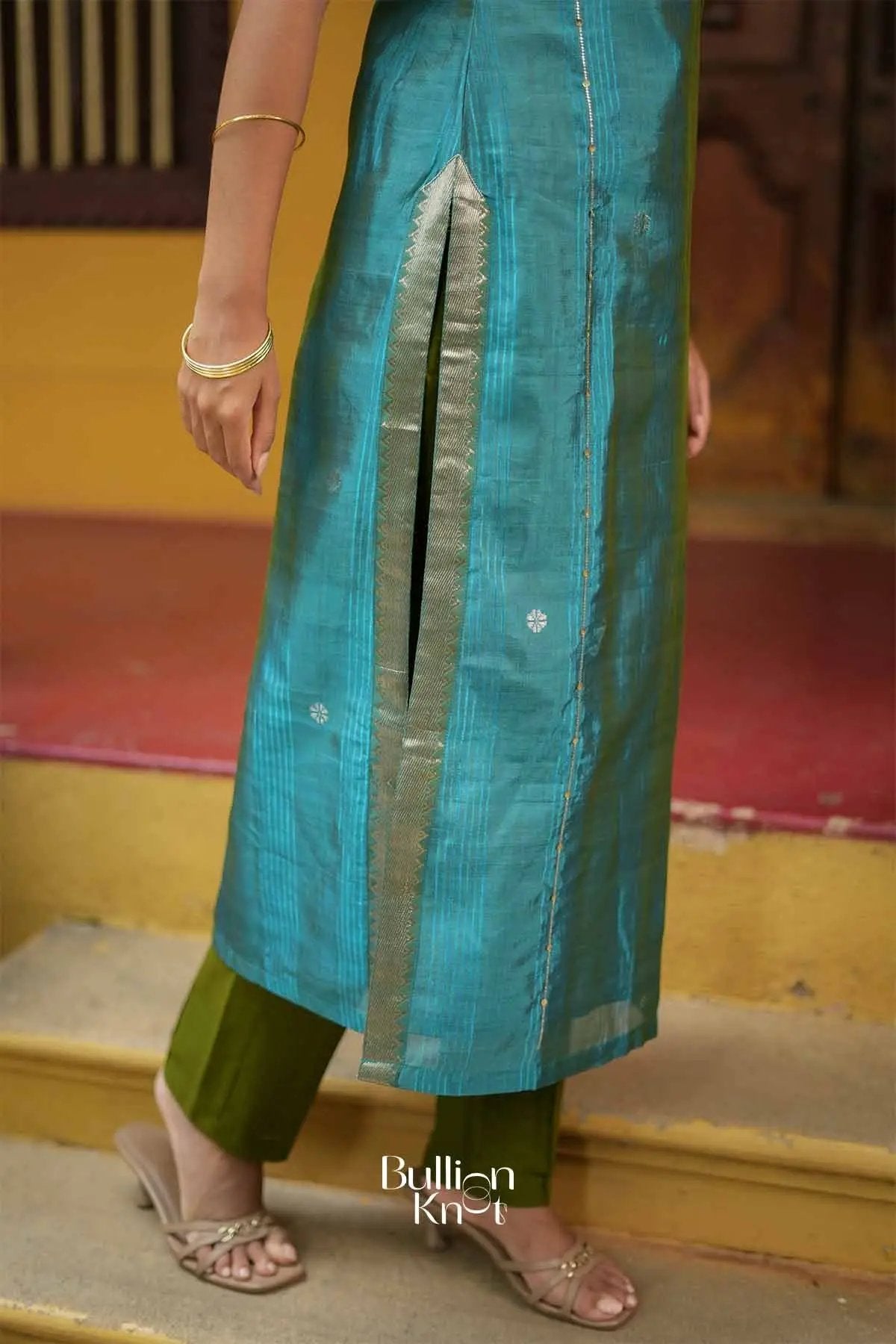 Avantika | Pure Mangalagiri Peacock Blue Kurta Suit Set for Traditional Occasions