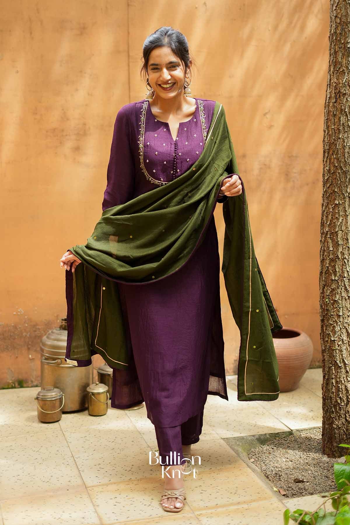 Kadambari | Wine Purple Straight Kurta Set with Contrast Dupatta for Festive Gatherings