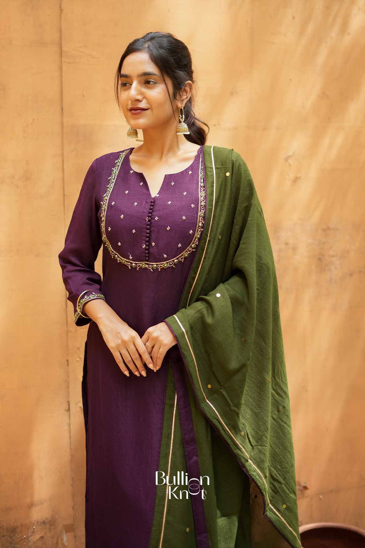 Kadambari | Wine Purple Straight Kurta Set with Contrast Dupatta for Festive Gatherings