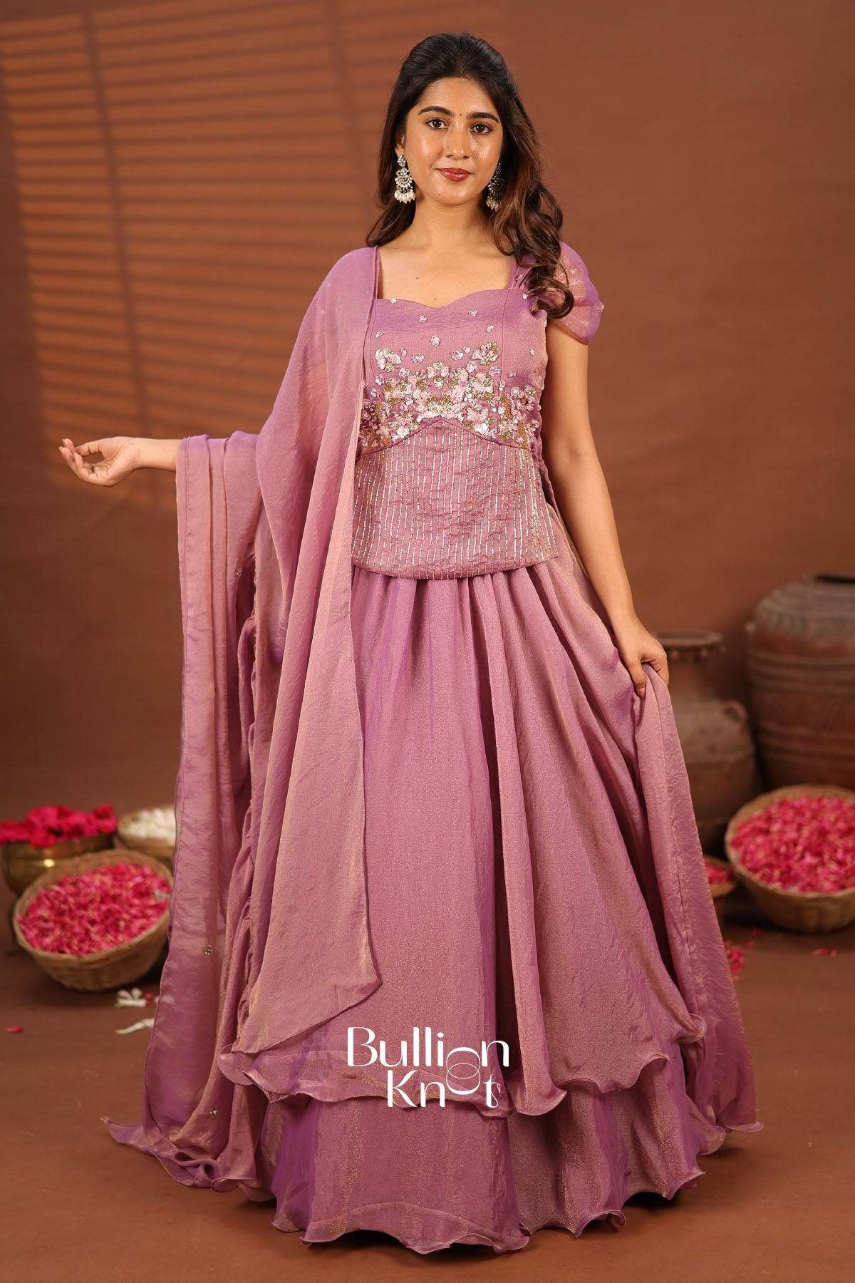Pink embroidered Indo-western dress with dupatta for women