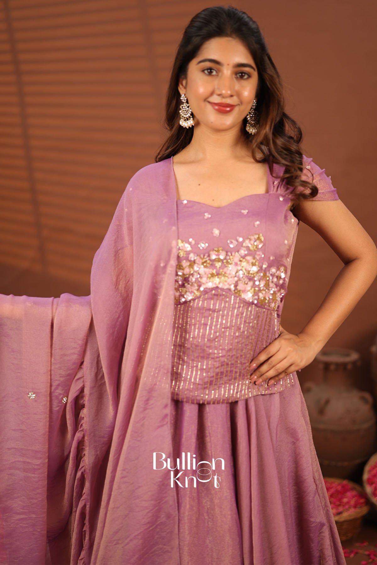 Pink embroidered Indo-Western dress with earrings for women