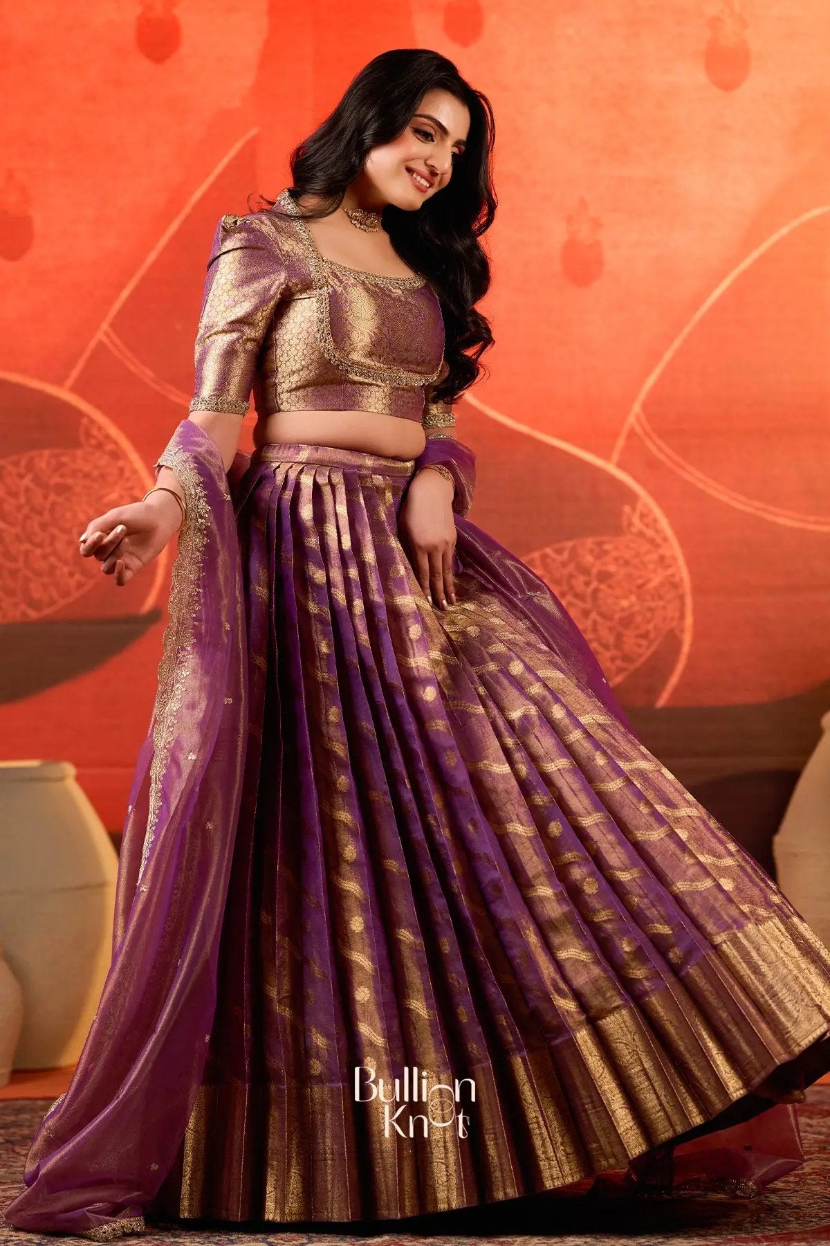 Urja Tissue Zari Lehenga Set in Purple with rich Banarasi texture and ornate blouse, ideal for weddings and traditional events at bullionknot.