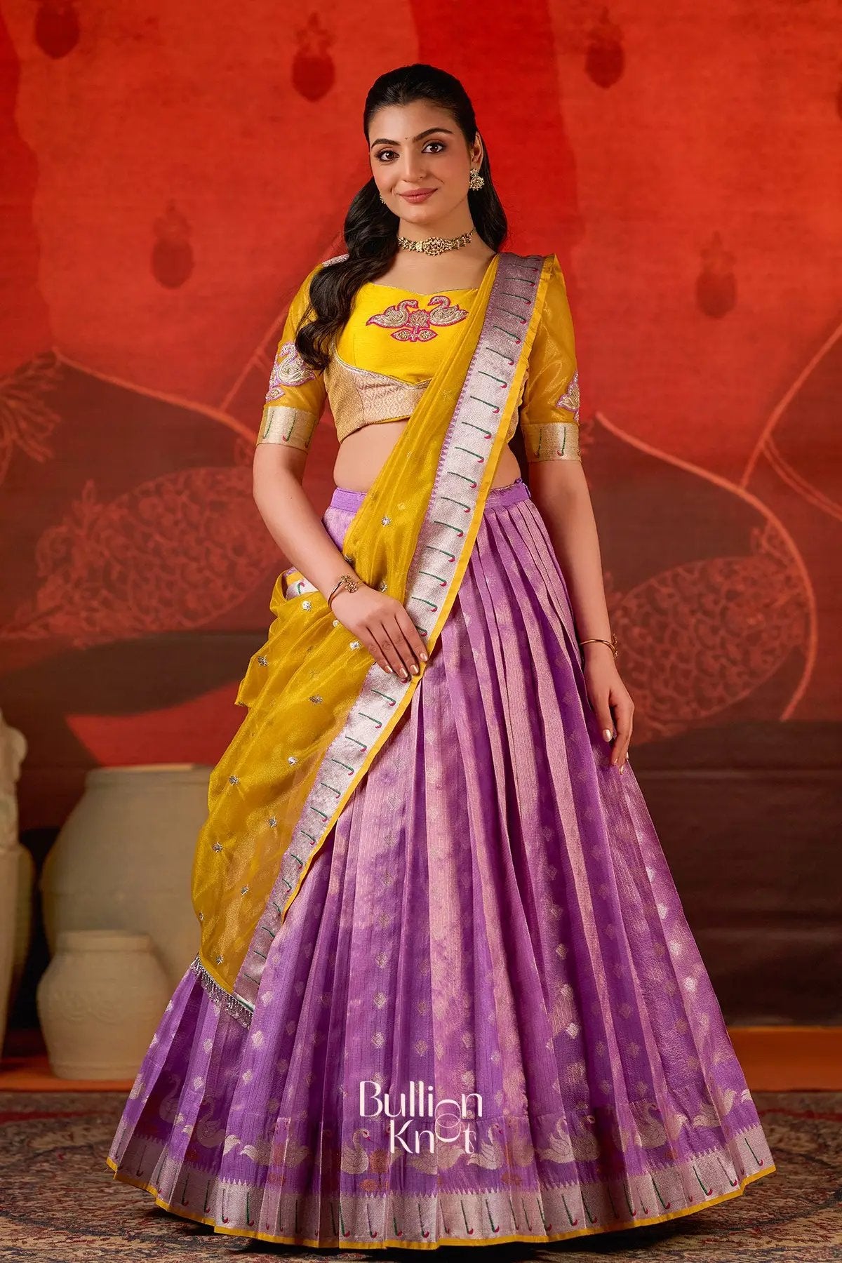 Exclusive Lehenga - Kumudini Kota Lehenga Set in Lavender at bullionknot featuring a lavender pleated skirt with golden zari and yellow embroidered blouse.