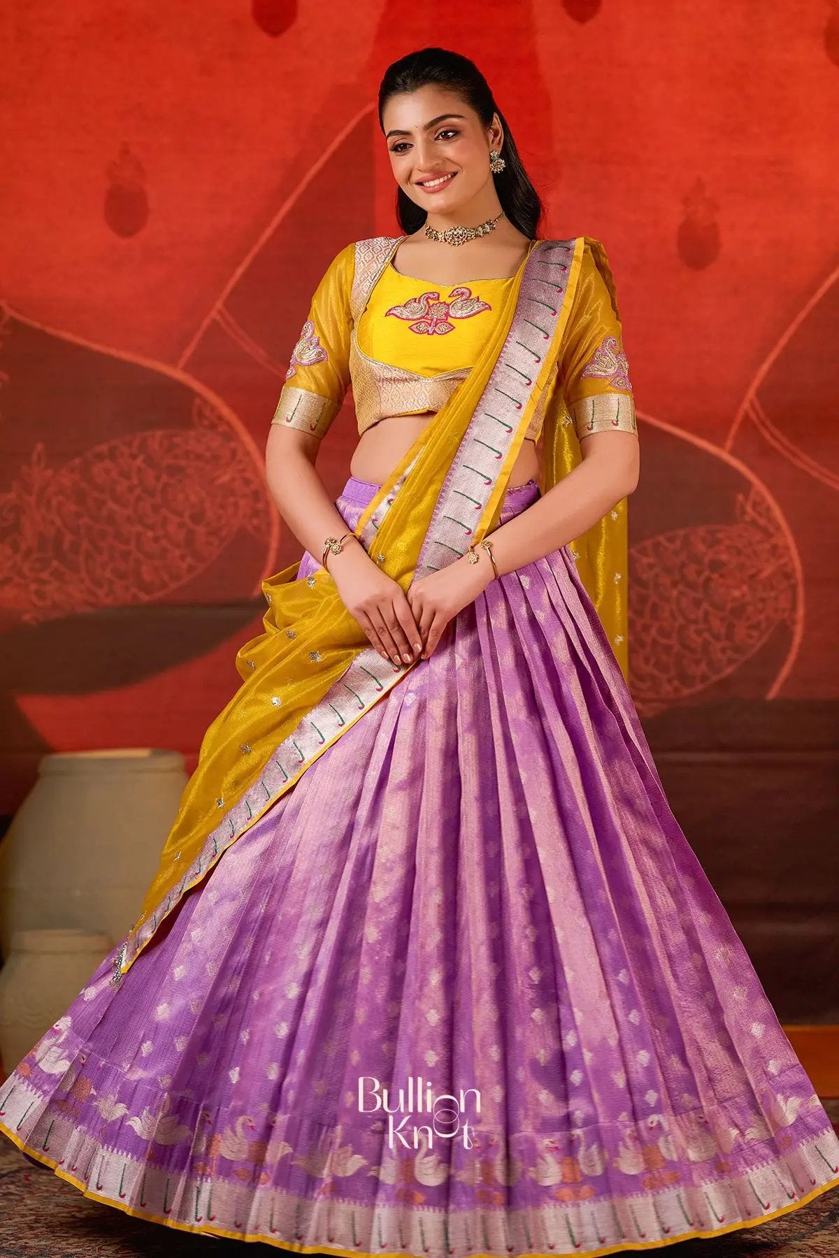 Front view of Exclusive Lehenga - Kumudini Kota Lehenga Set in Lavender at bullionknot with vibrant color contrast and traditional design.