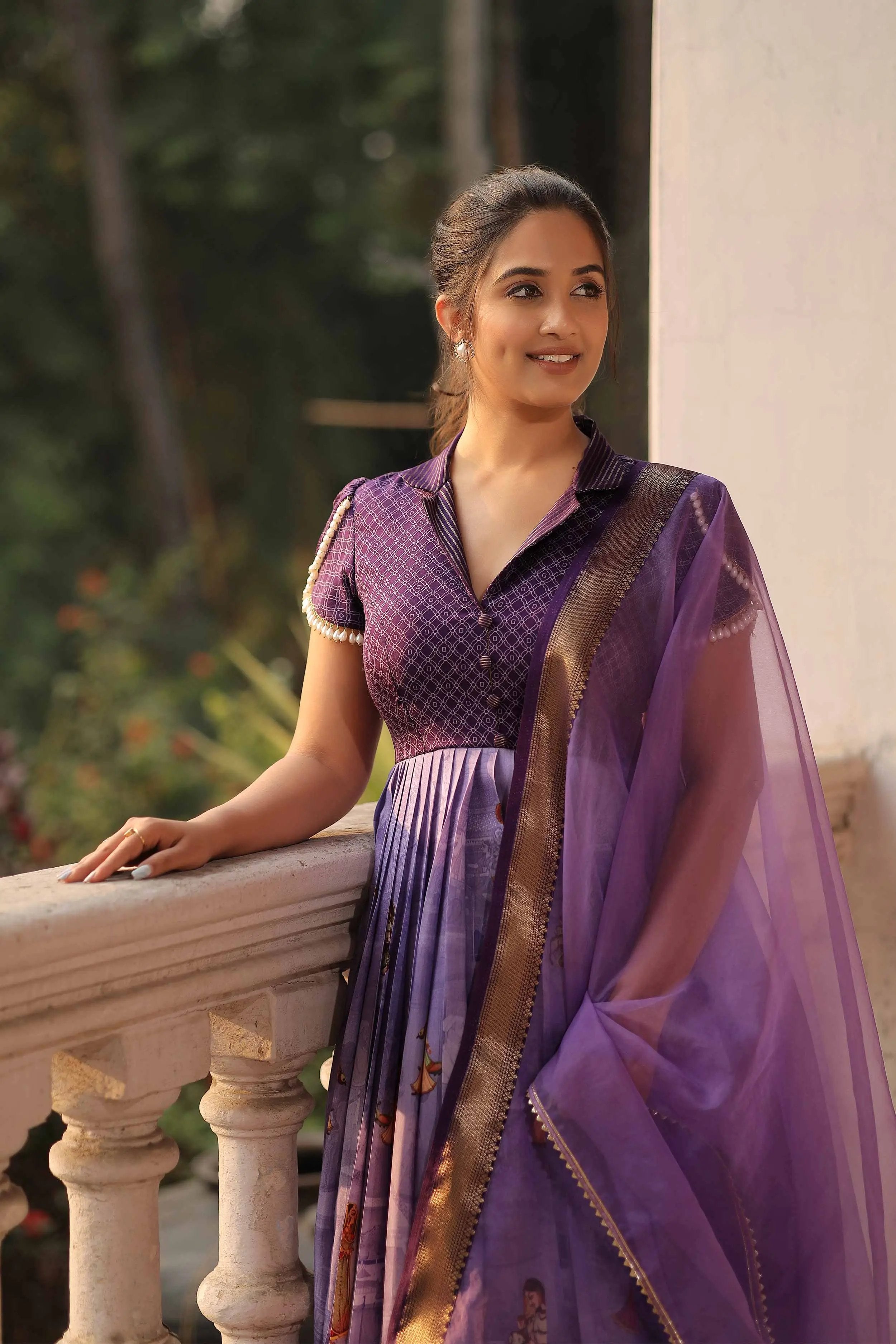 lavender floral silk Anarkali Dress