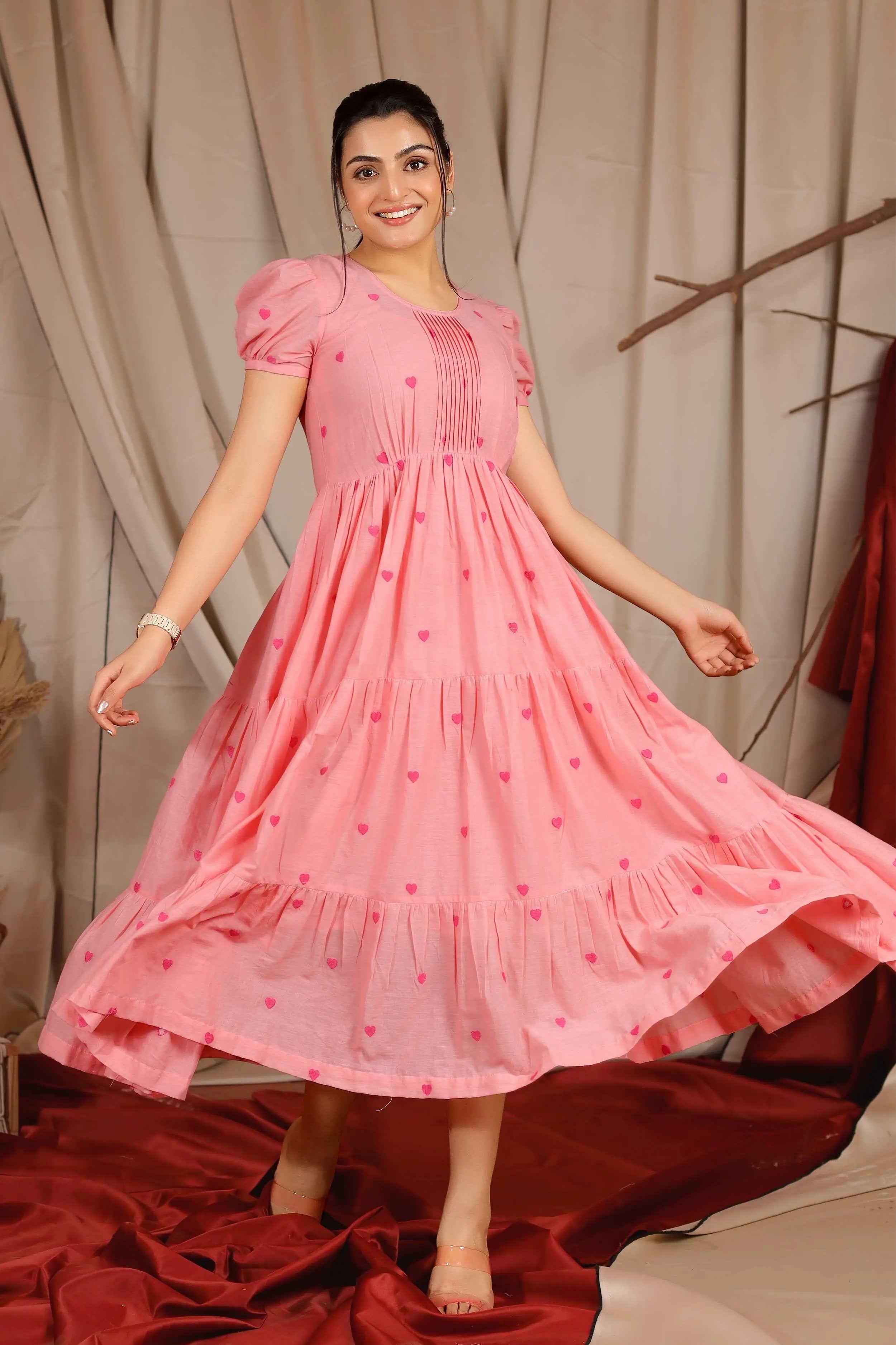 Blowsy Summer Midi Dress in Pink