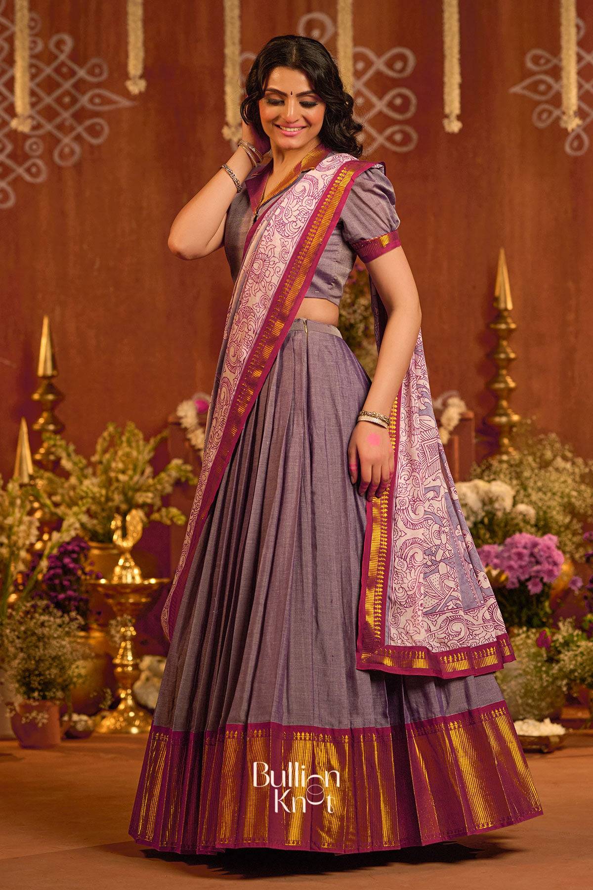 Gunika Lehenga Set in Lavender at bullionknot styled with a flared skirt, puff-sleeve blouse, and ornate dupatta, ideal for festive occasions.