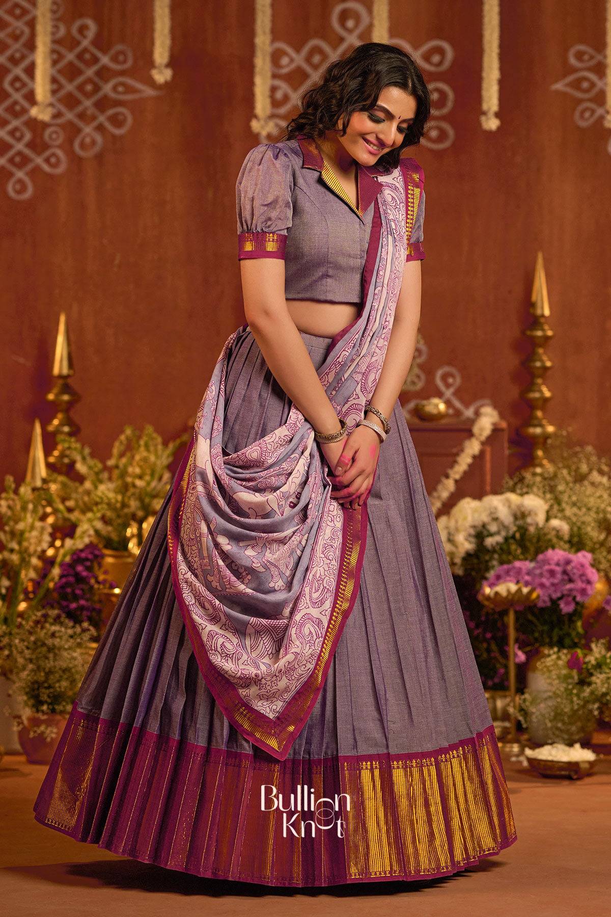 Traditional Gunika Handloom Lehenga Set in Lavender with gold zari detailing and pleated skirt, perfect for ceremonial wear at bullionknot.