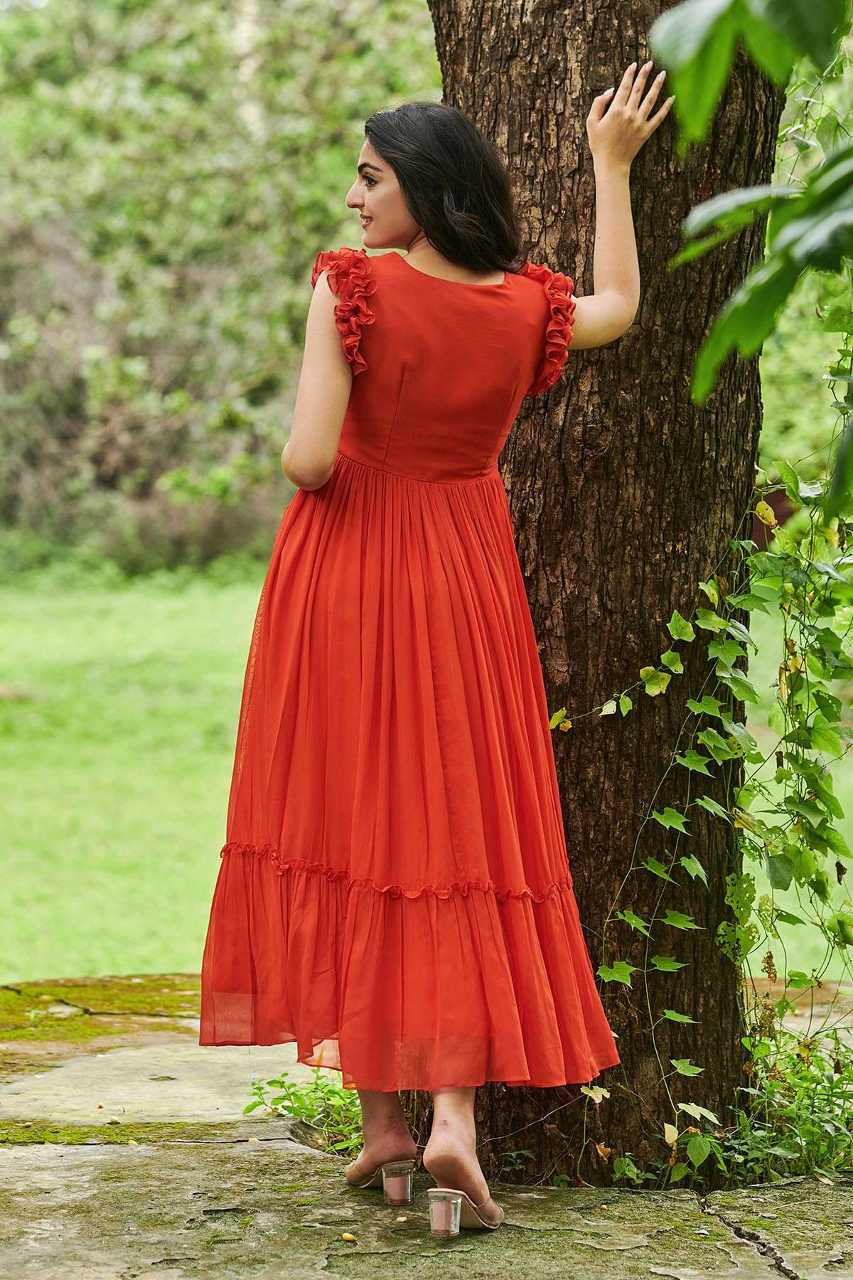 Back view of orange georgette midi dress