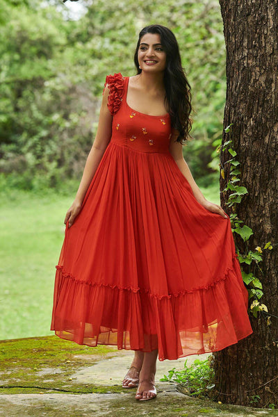 Carrot Georgette Midi Dress in vibrant orange