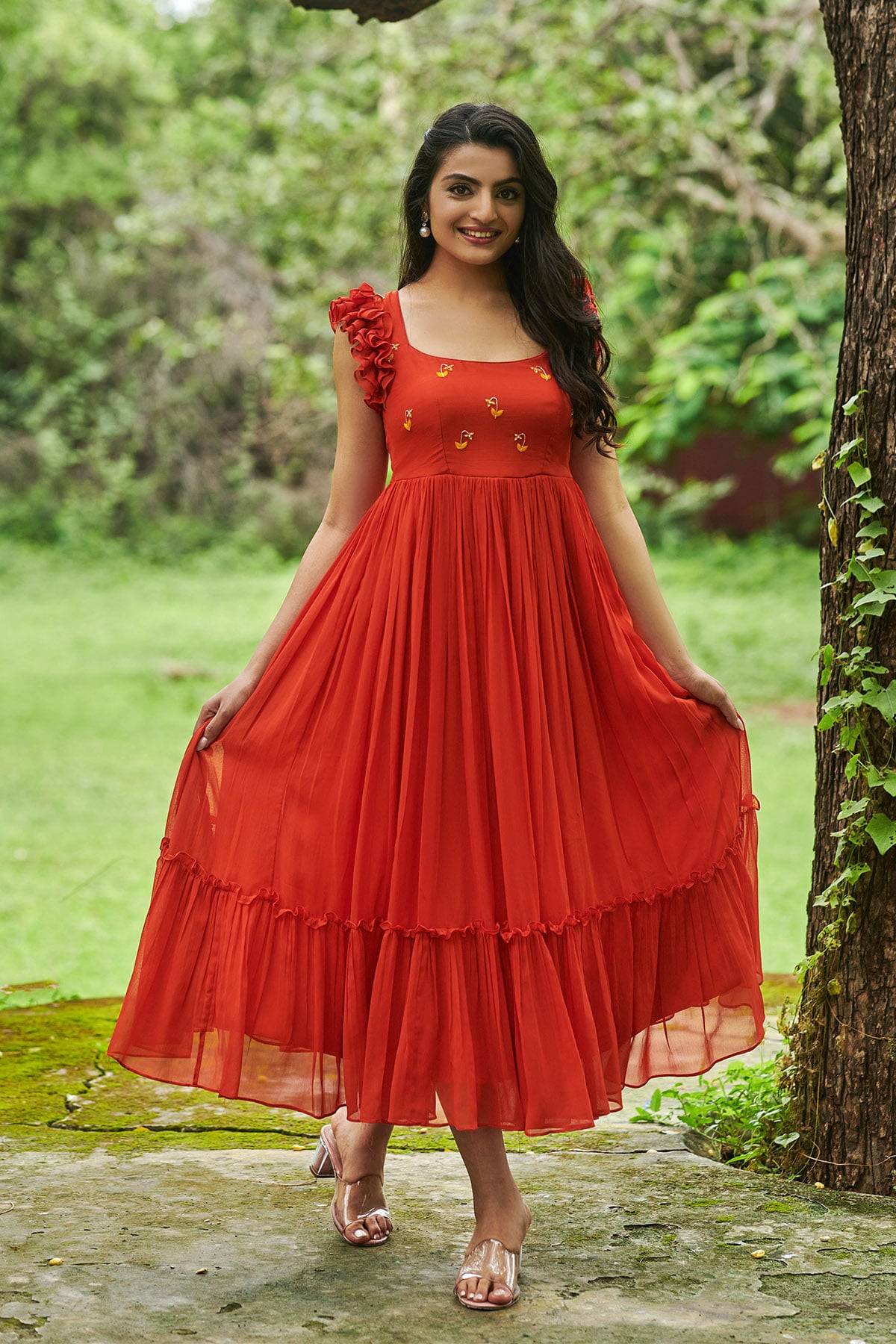 Flowy orange georgette dress perfect for summer