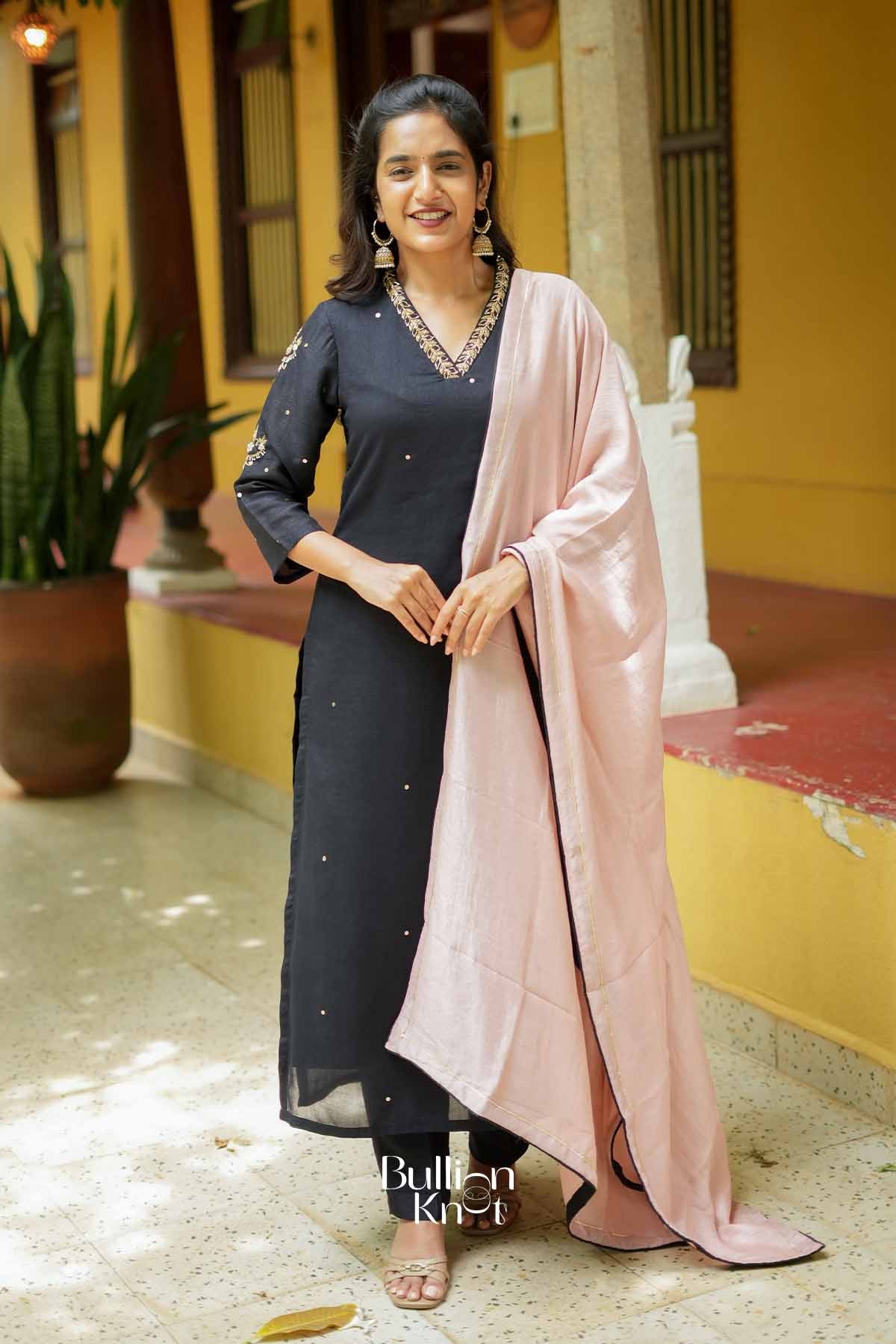 Suhana | Vichitra Silk Black Kurta Set with Blush Dupatta for Casual wear