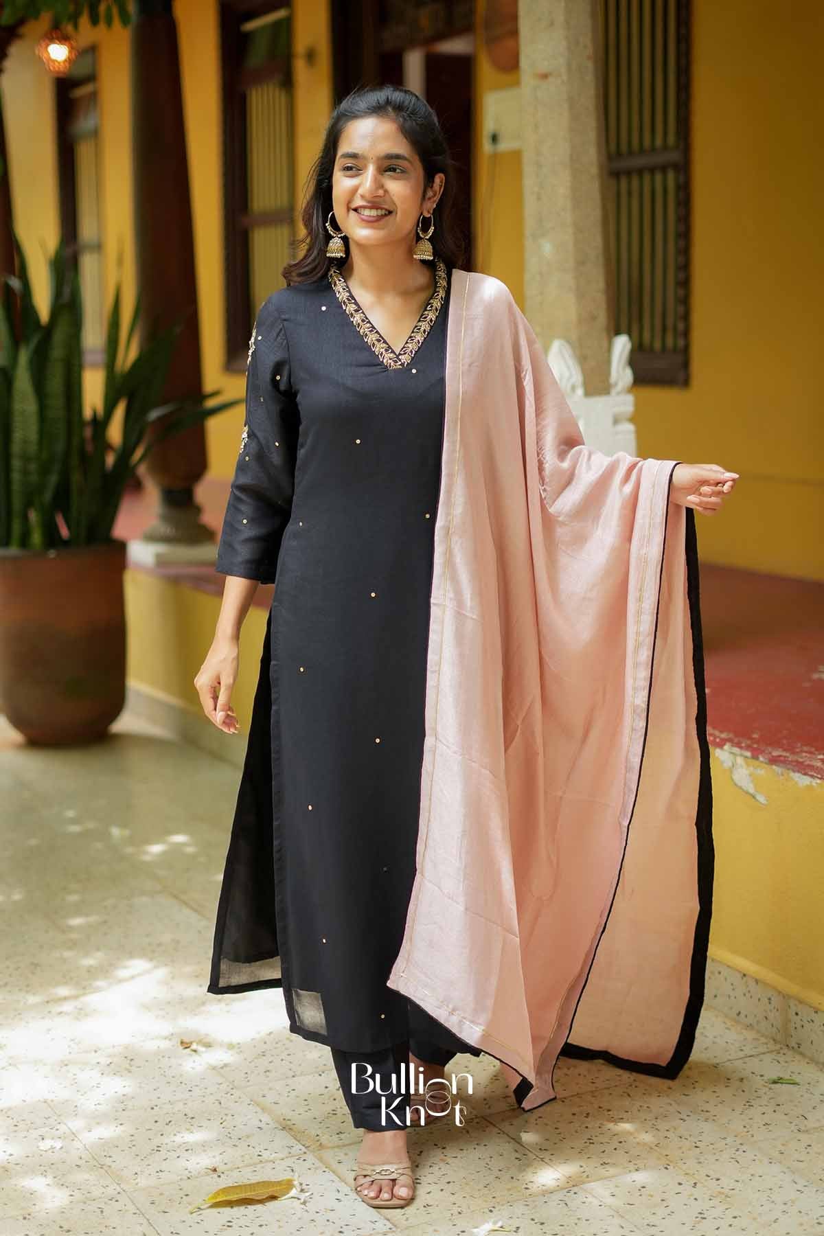 Suhana | Vichitra Silk Black Kurta Set with Blush Dupatta for Casual wear