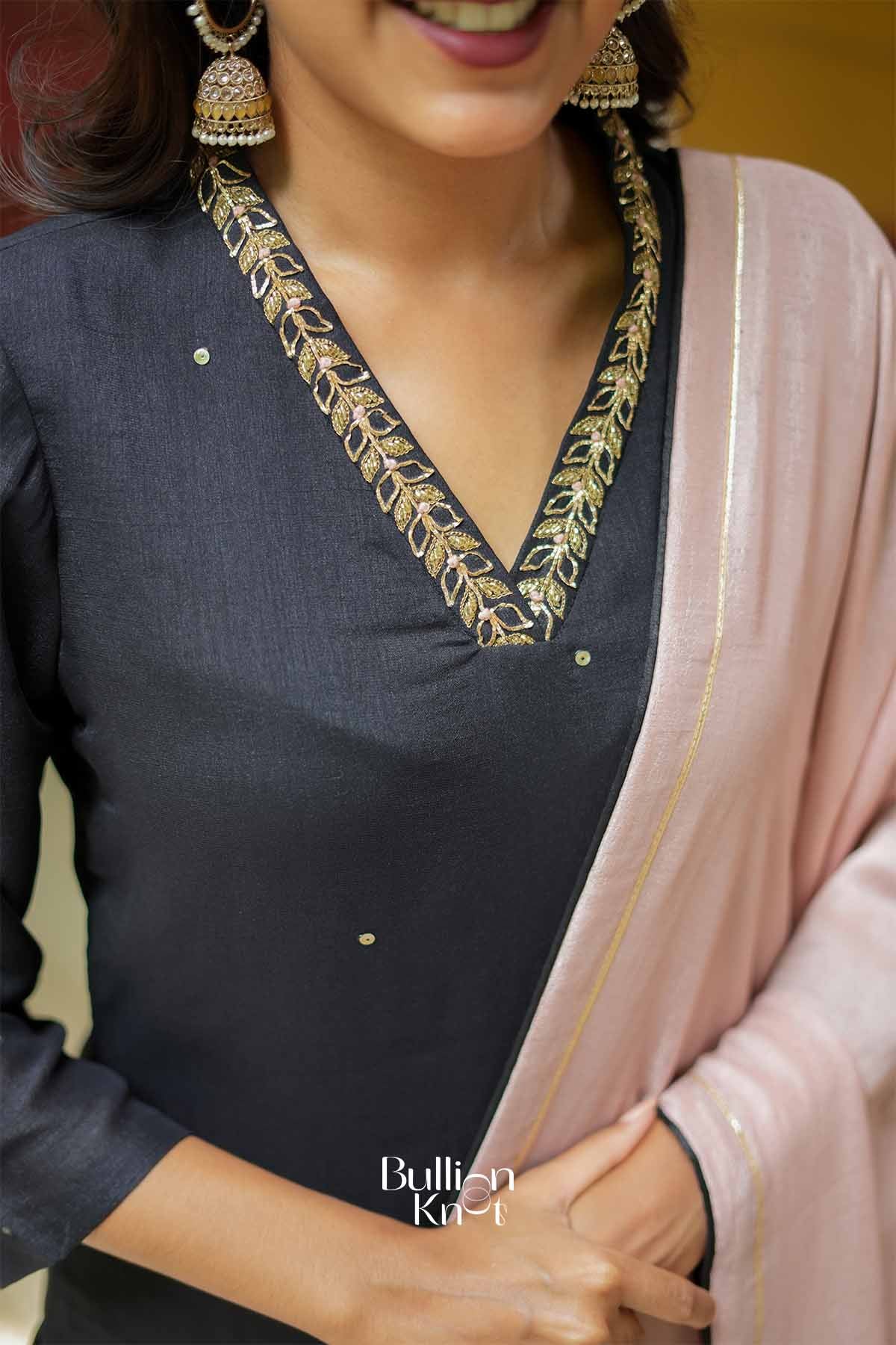 Suhana | Vichitra Silk Black Kurta Set with Blush Dupatta for Casual wear