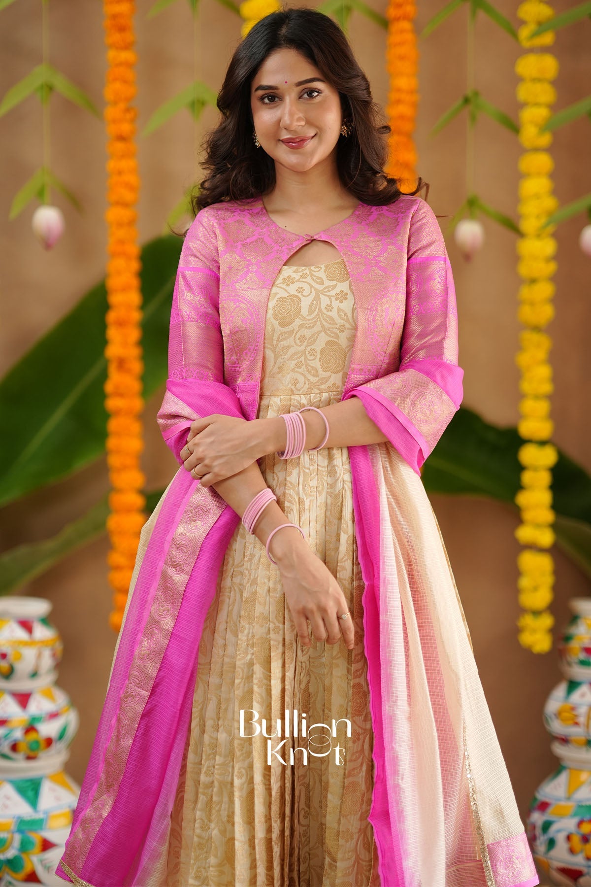 Mithila Kota Zari Pattu Cream With Jacket Gown Dress