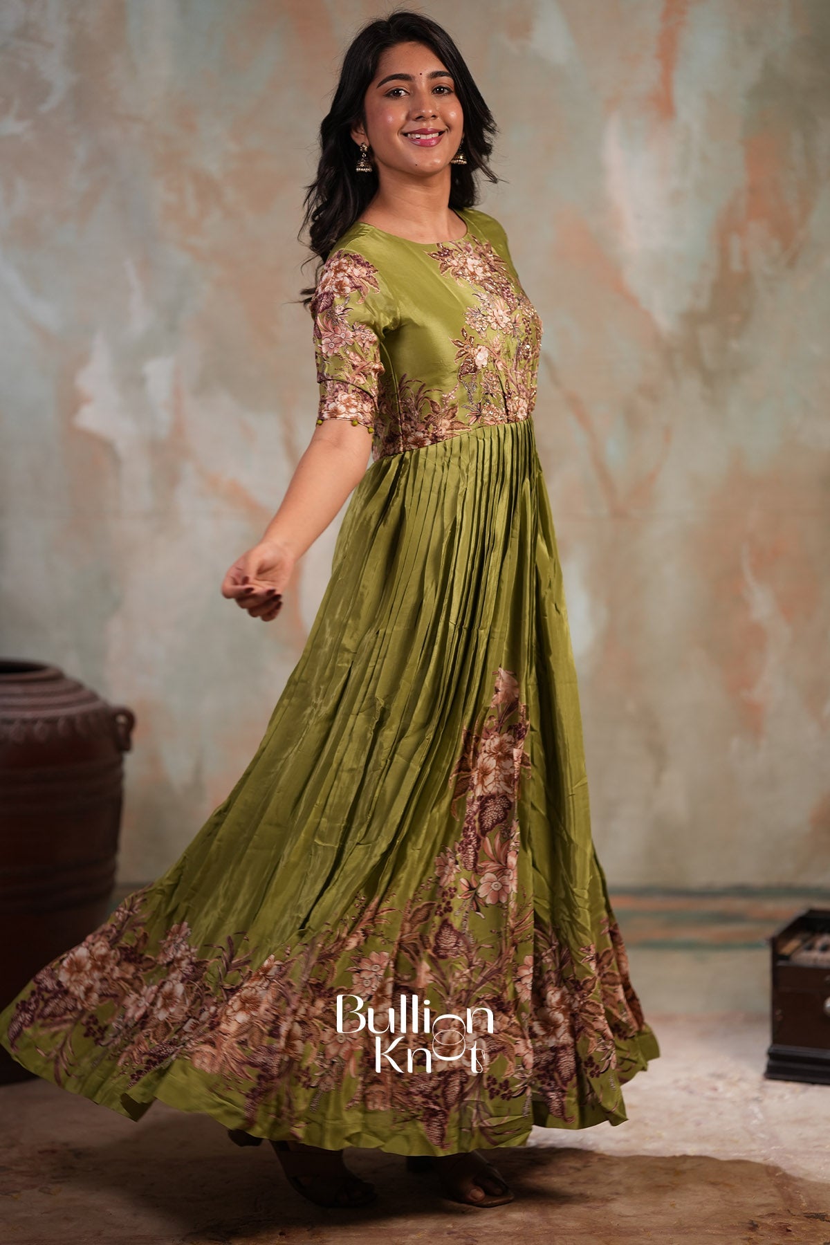 Glorencia Soft Crepe Long Anarkali Dress In Green