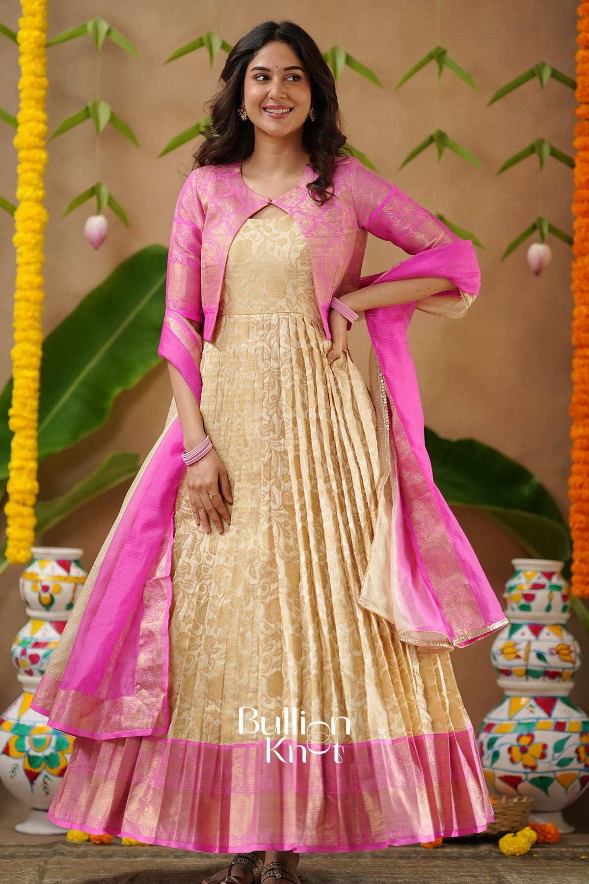 Mithila Kota Zari Pattu Cream With Jacket Gown Dress