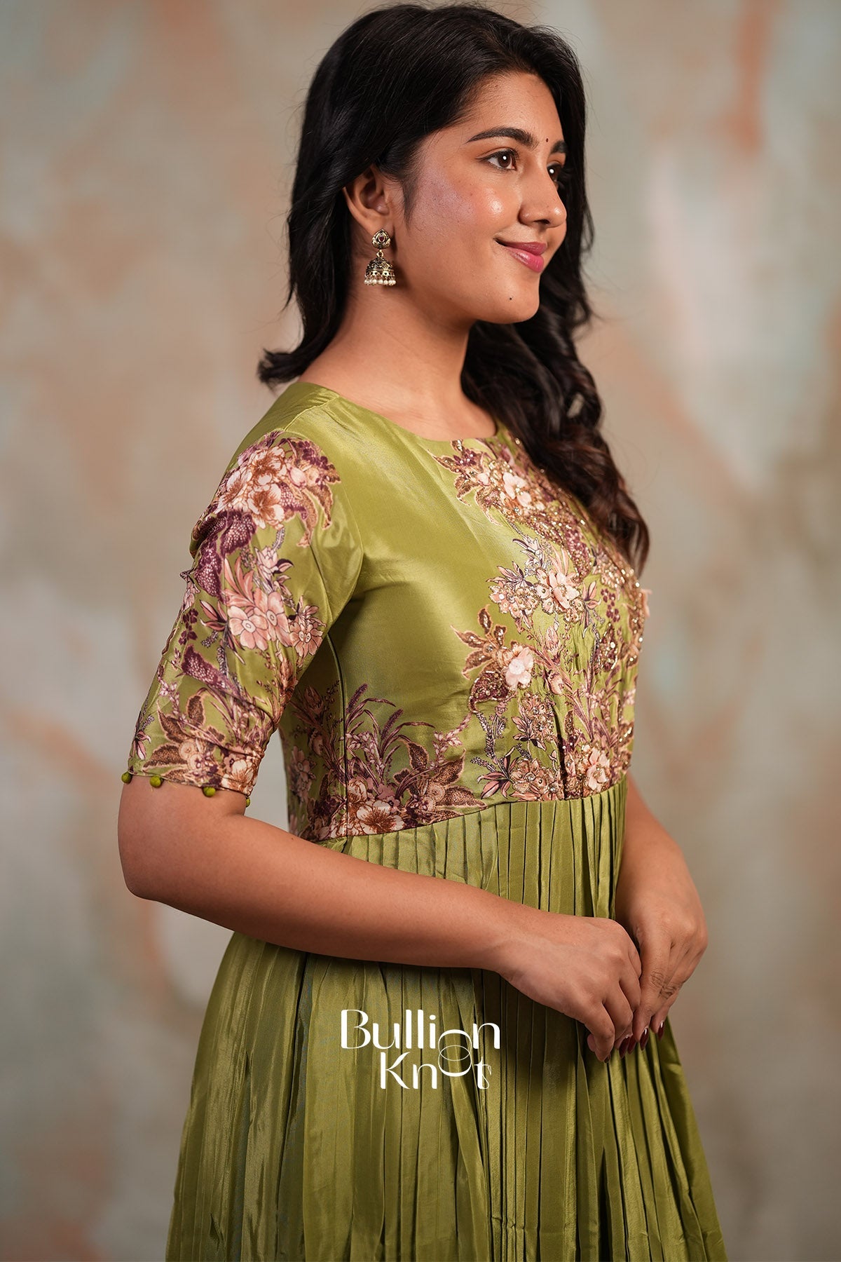 Glorencia Soft Crepe Long Anarkali Dress In Green