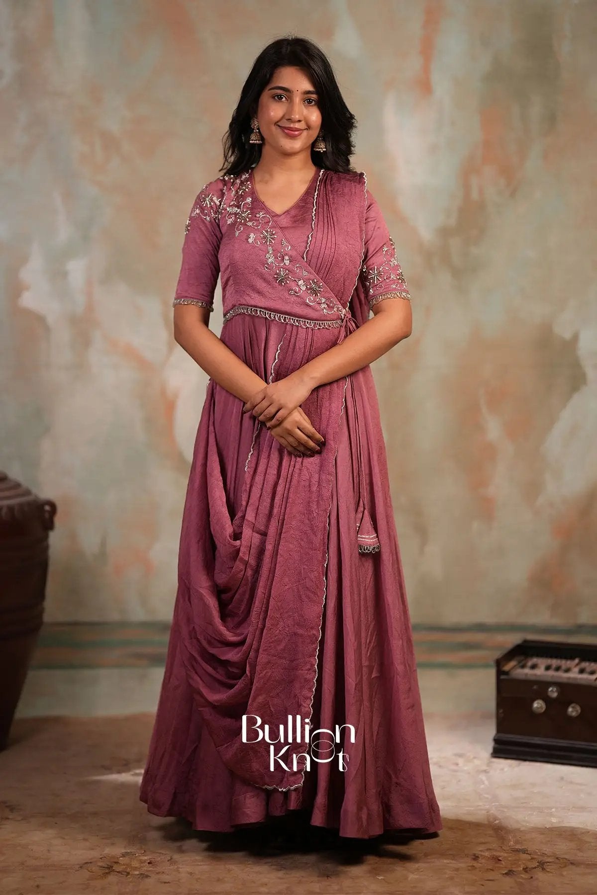 Taarika Drape Crush silk Dress in Pink