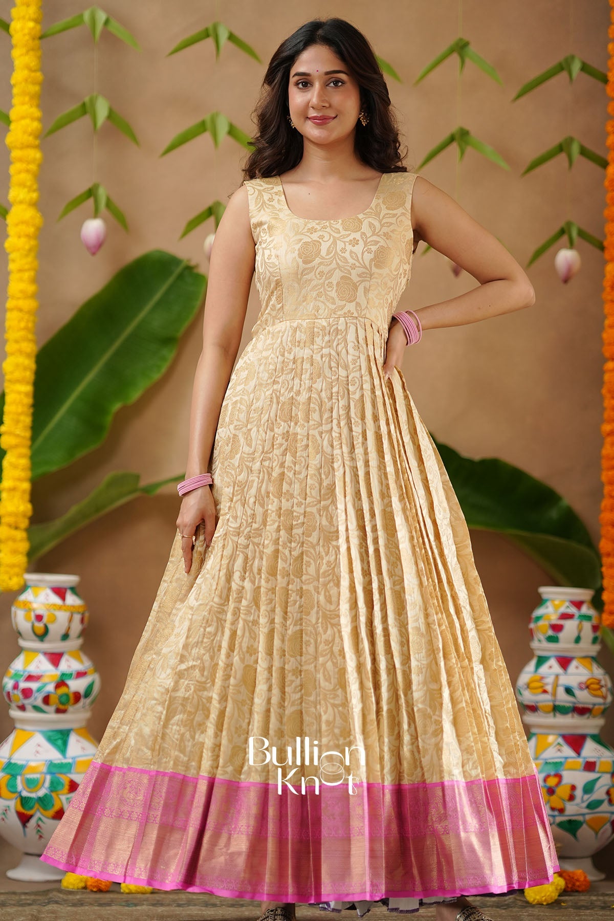 Mithila Kota Zari Pattu Cream With Jacket Gown Dress