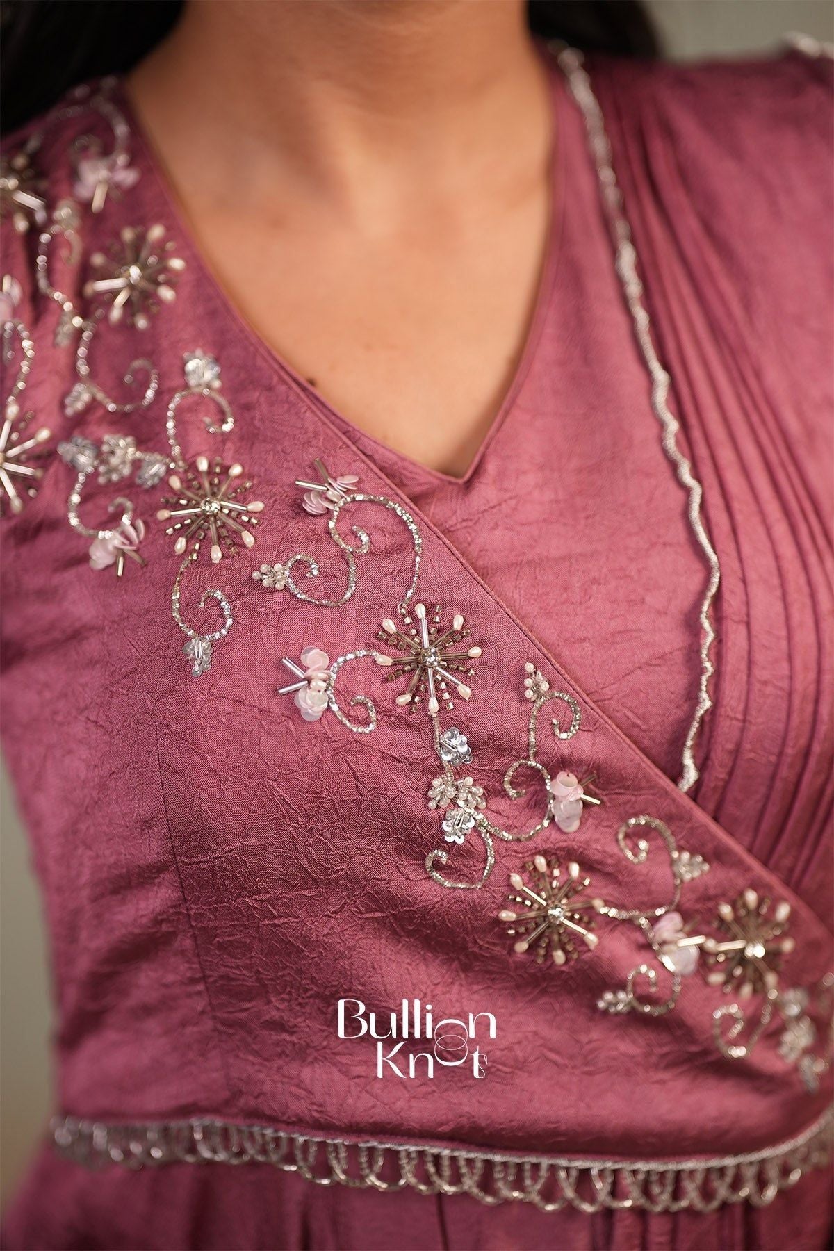 Pink embroidered silk gown with floral beadwork and dupatta