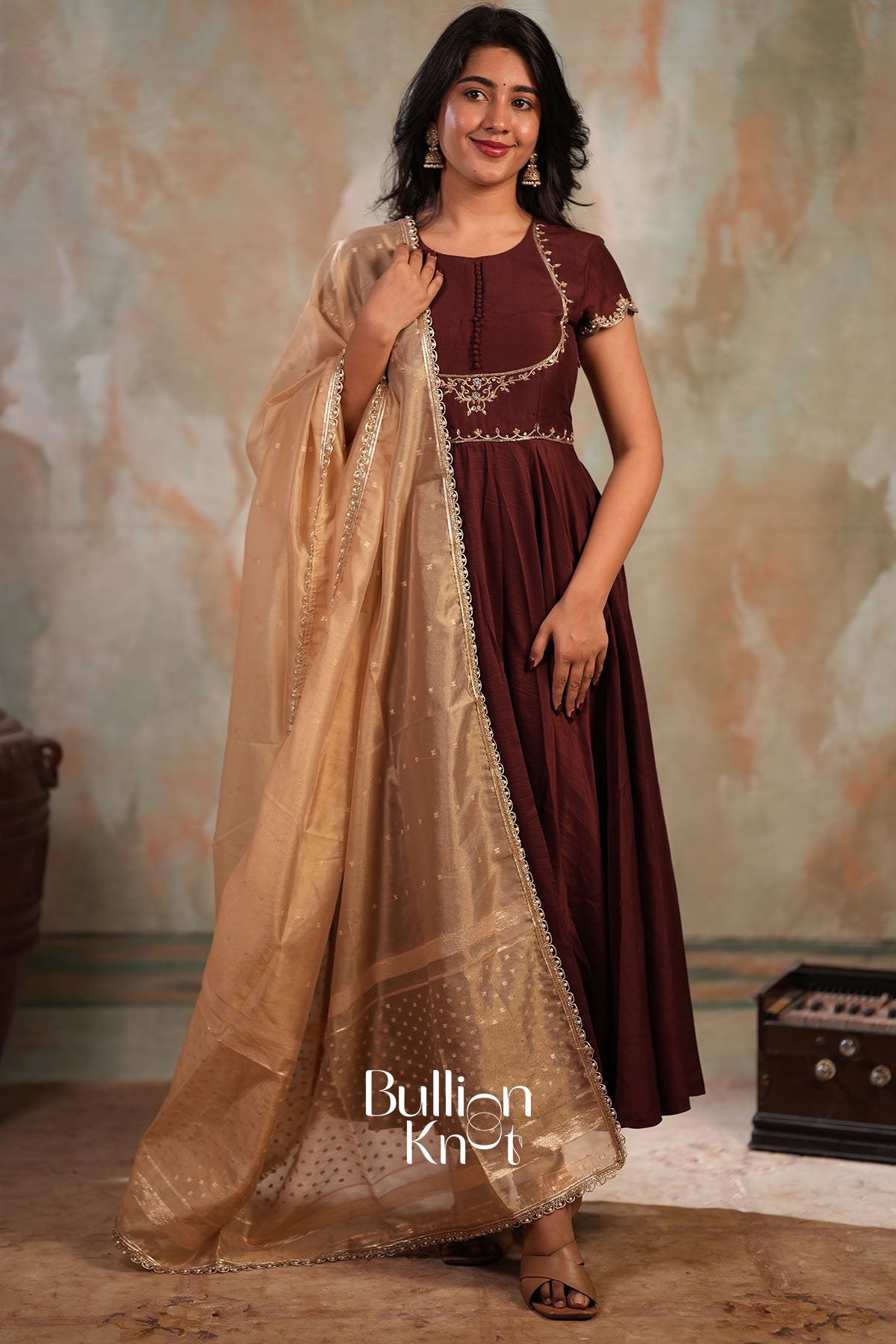 Padmika Chanderi Silk Anarkali Dress in Mocha Brown