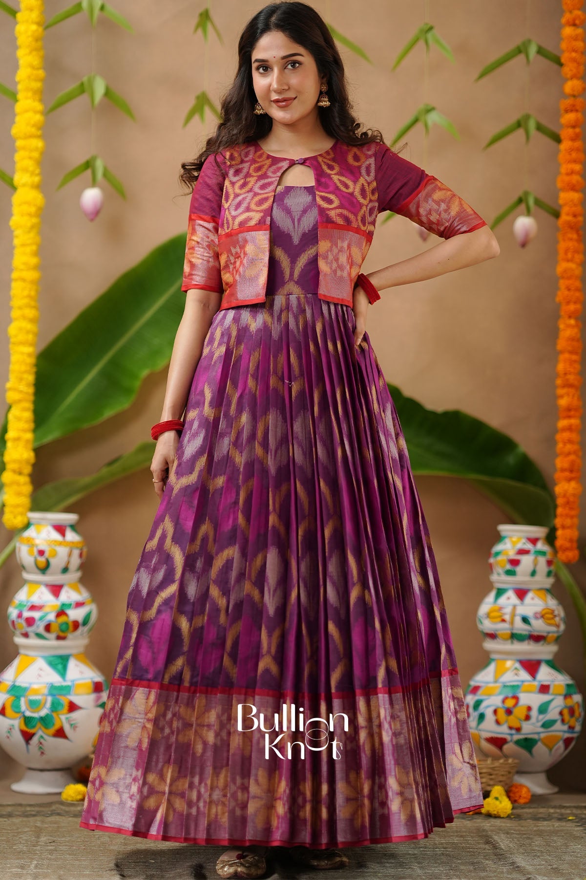 Malvika Purple Ikkat Pochampally Pattu With Jacket Gown Dress