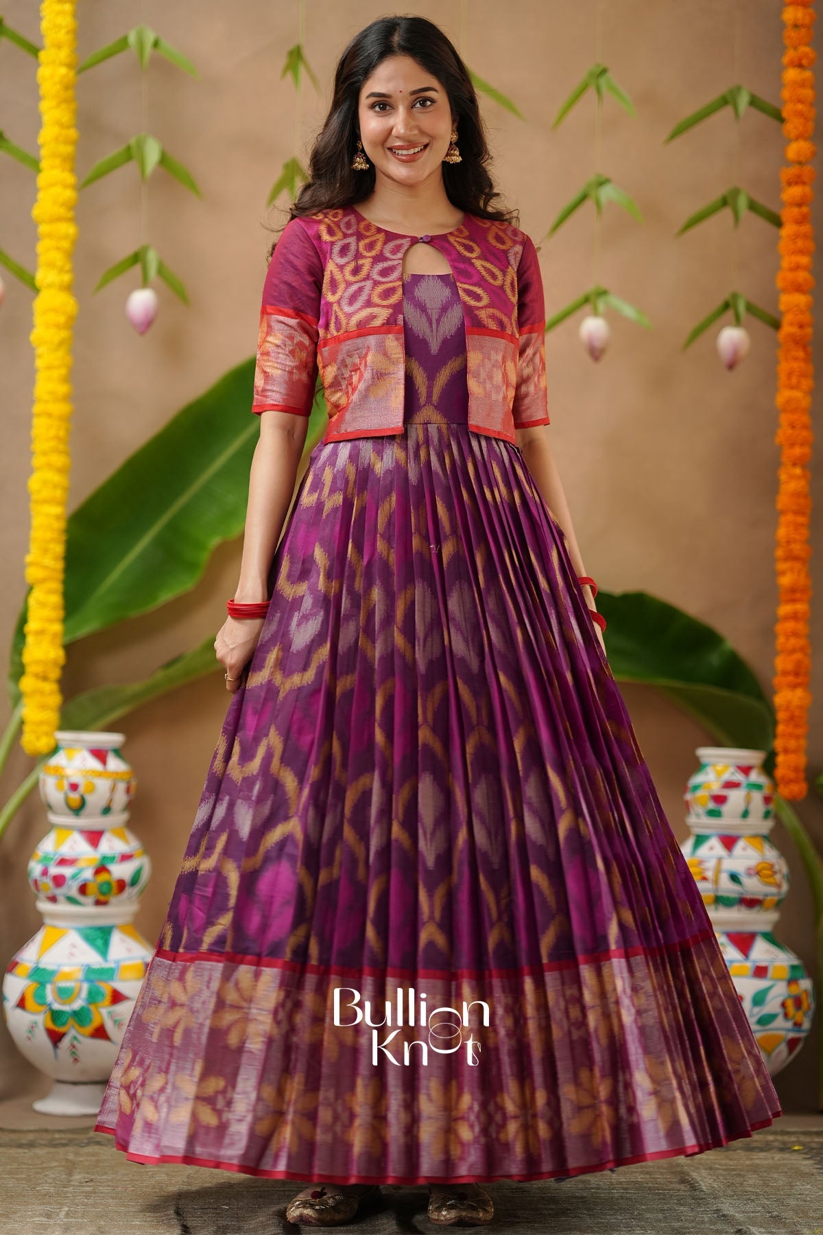 Malvika Purple Ikkat Pochampally Pattu With Jacket Gown Dress