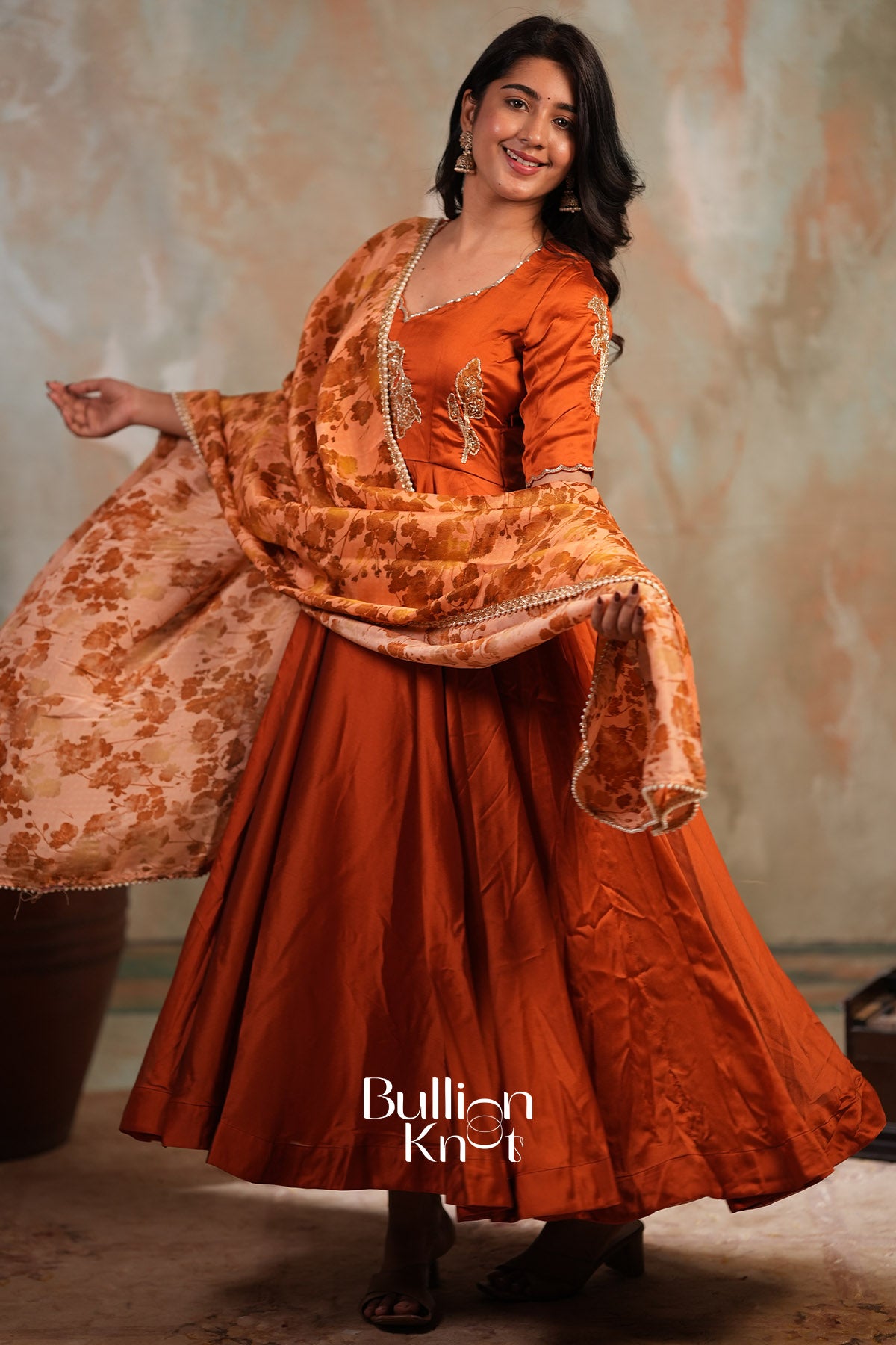 Suhaani Rangoli Silk Fully Stitched Anarkali Dress In Rust