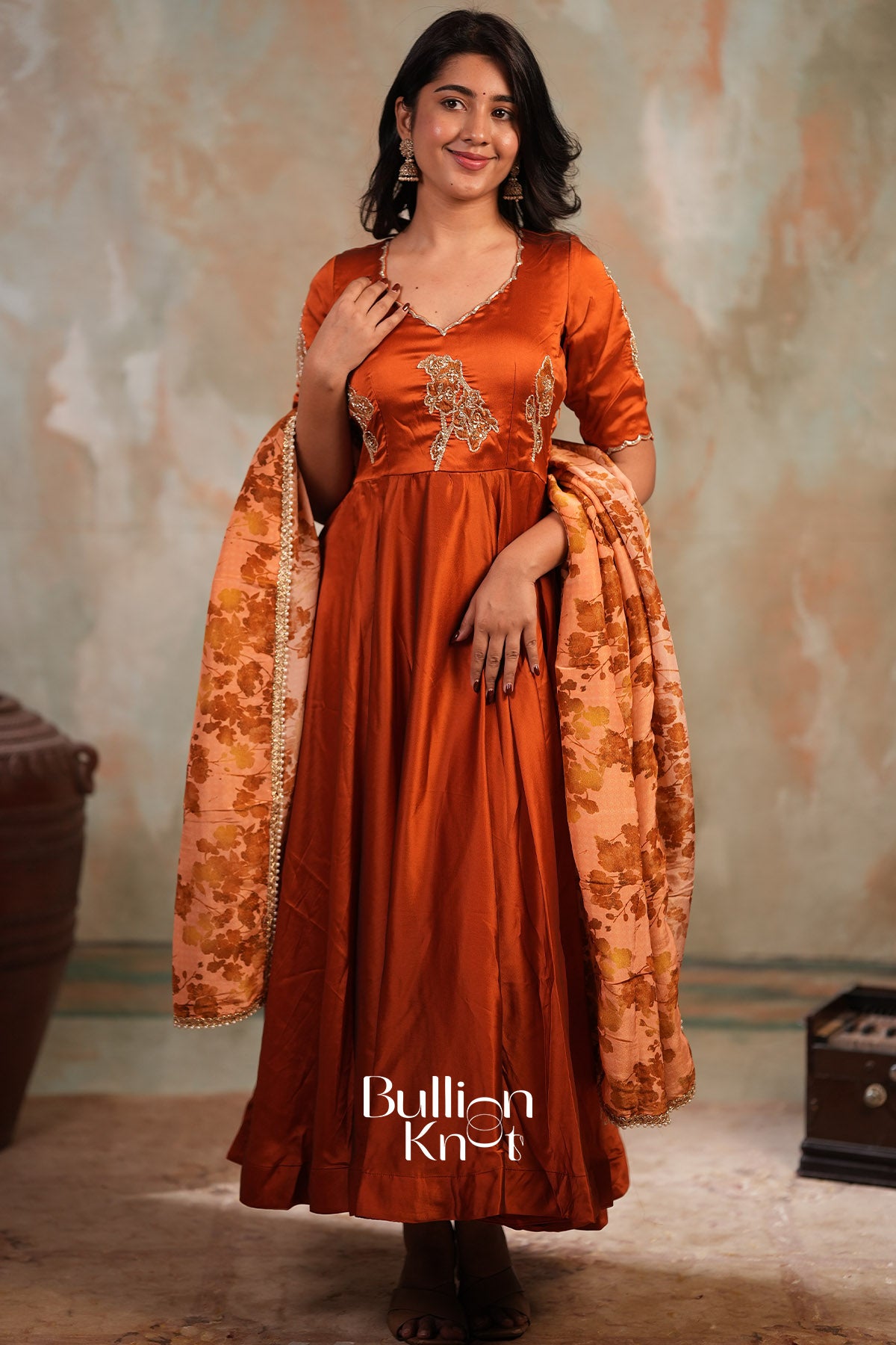 Suhaani Rangoli Silk Fully Stitched Anarkali Dress In Rust
