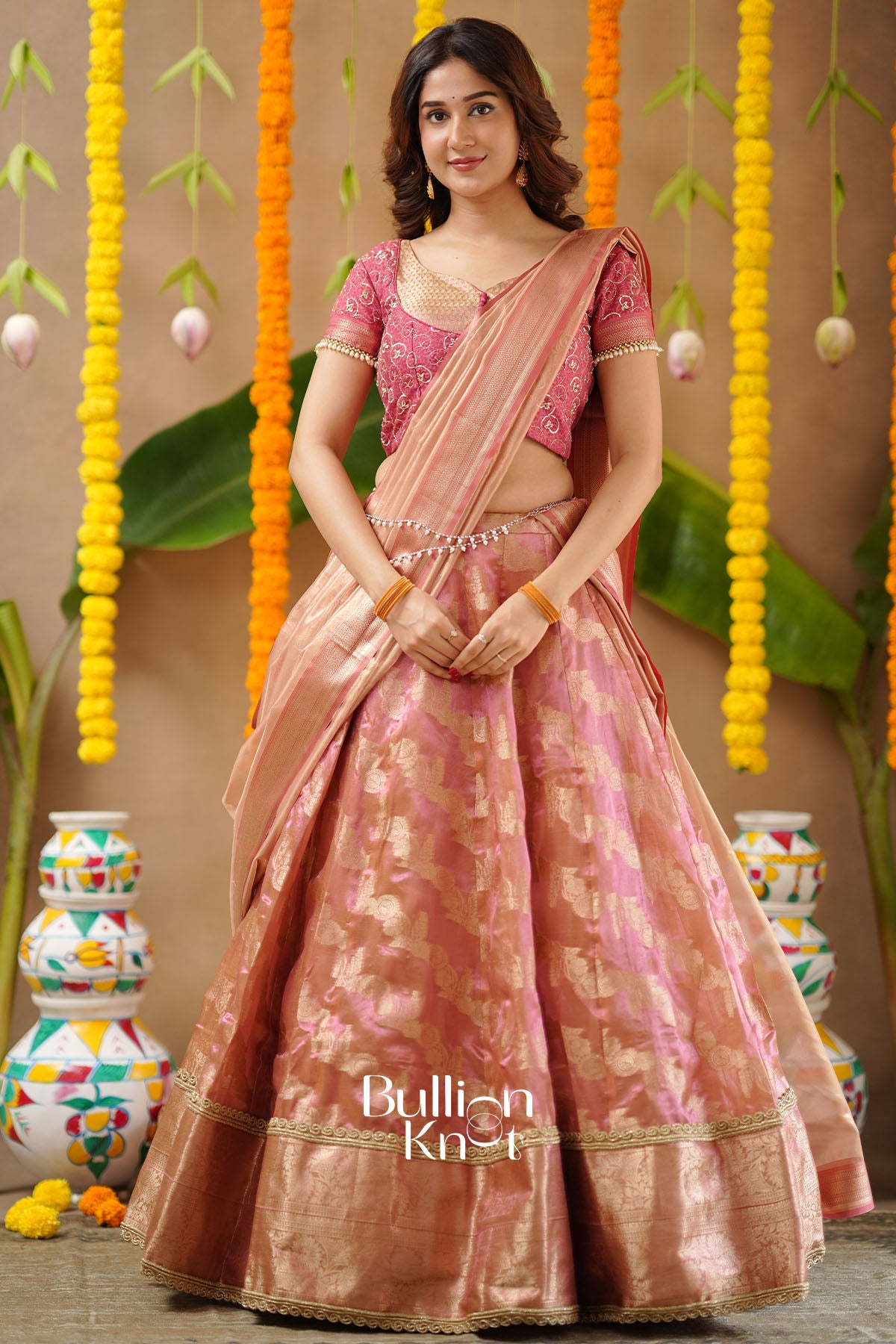 Pratiksha 2-In-1 Tissue Zari Lehenga Set In Peach Gold
