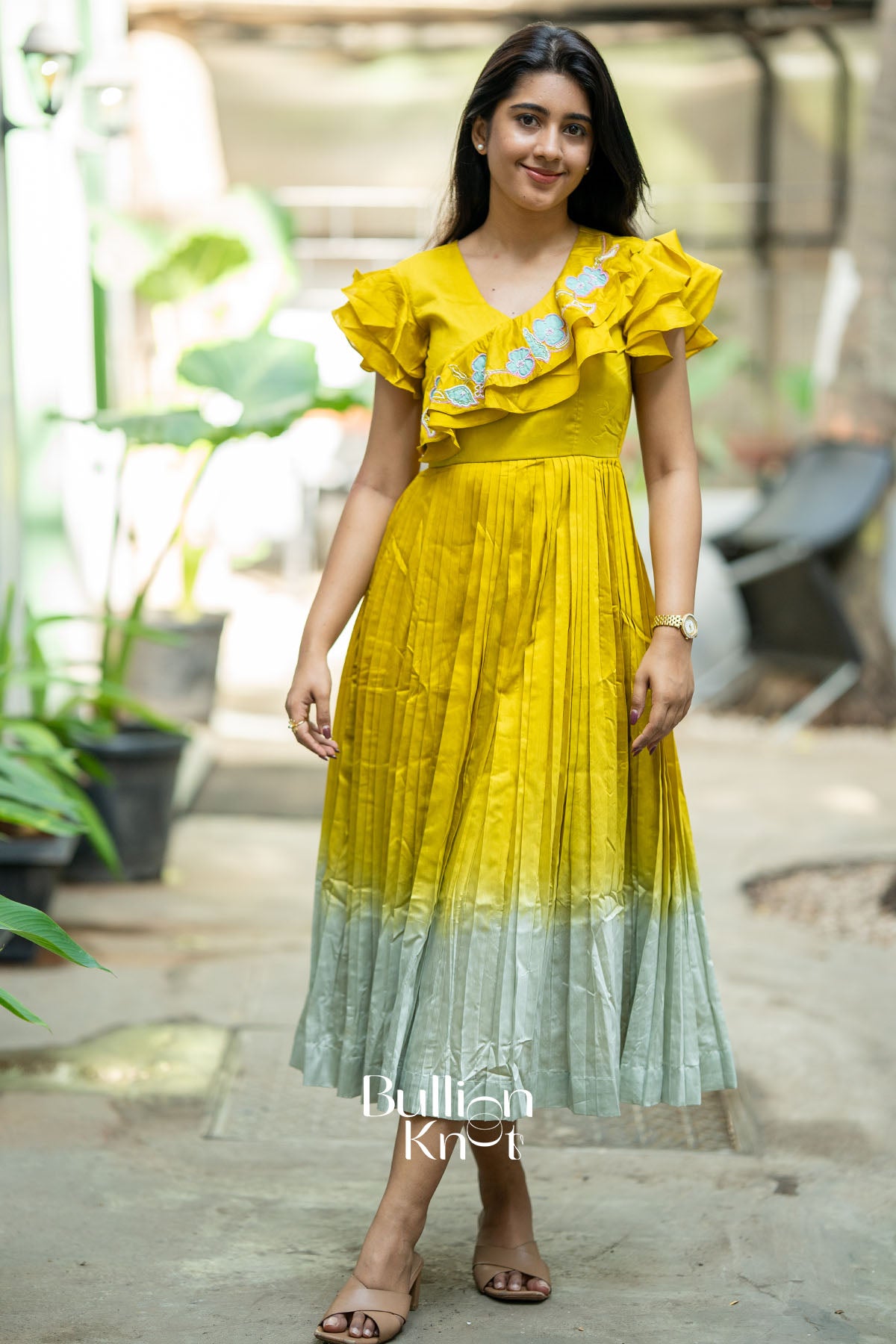 Pistacheoin Lime Yellow Chanderi Knife-pleated Midi Dress