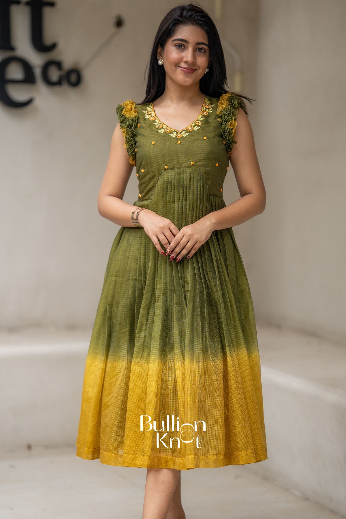 Teracotta Olive Green Kota Ruffle Midi Dress